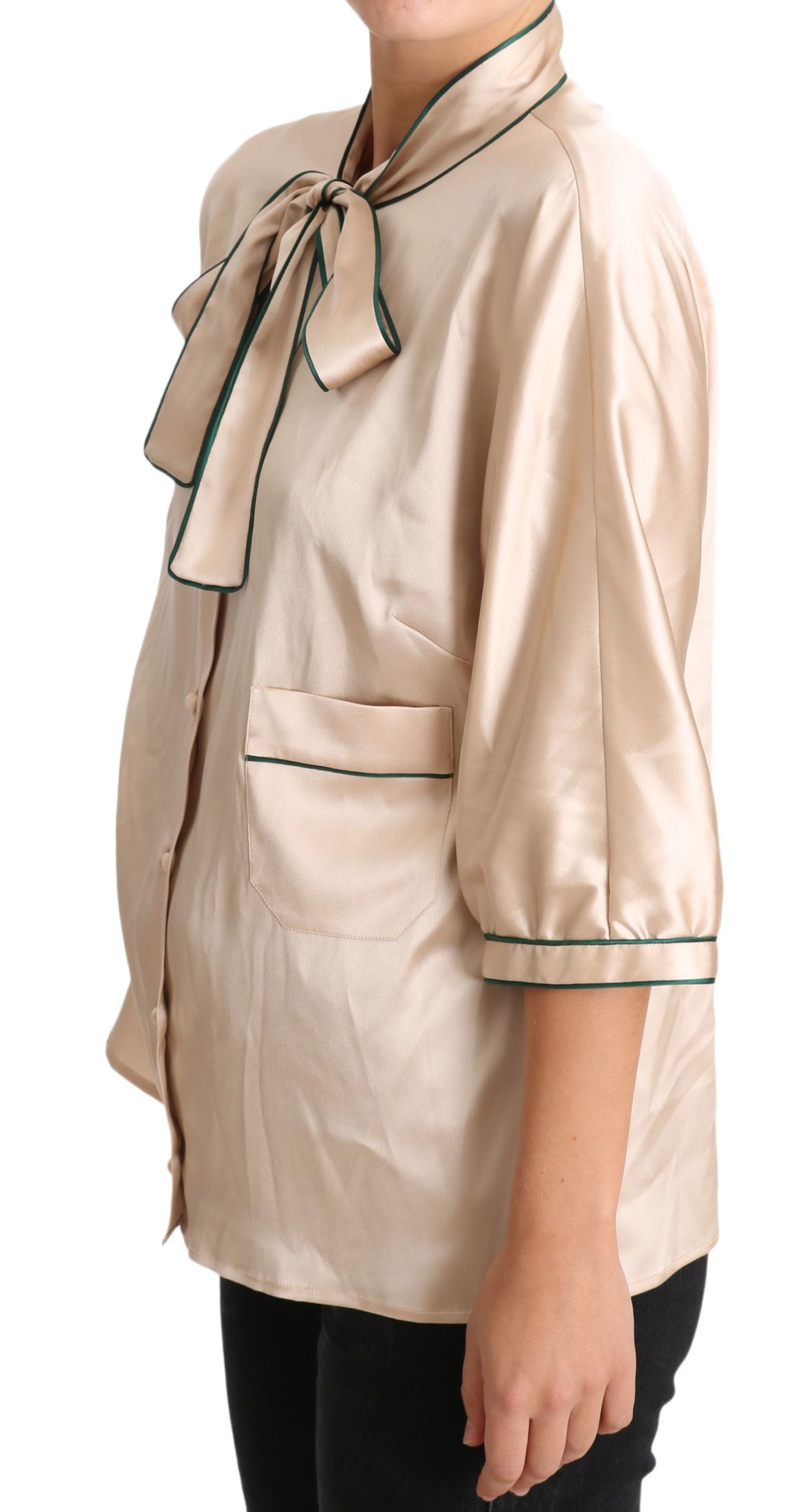 Beige Ribbon Seide Stretch Top Bluse