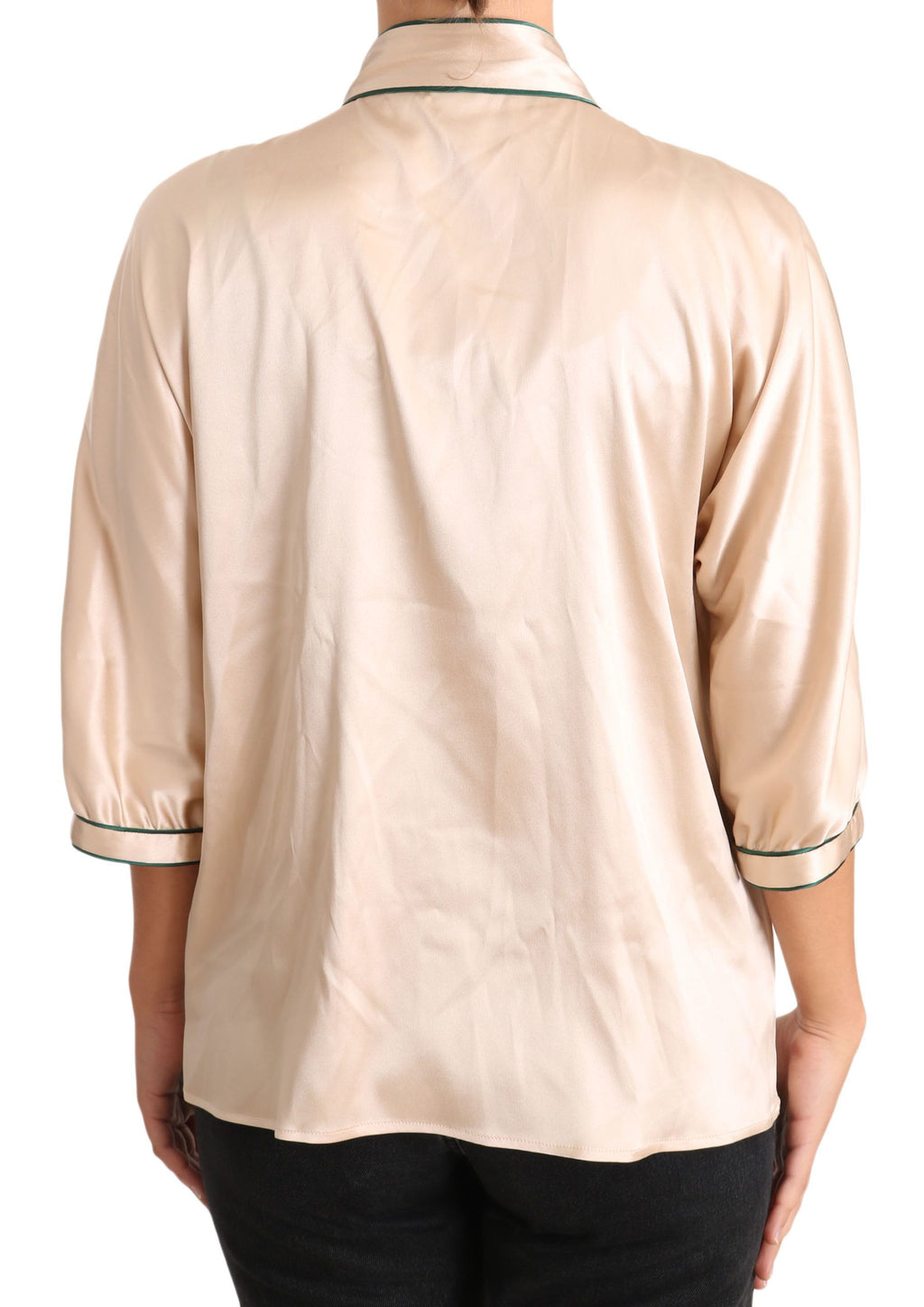 Beige Ribbon Seide Stretch Top Bluse