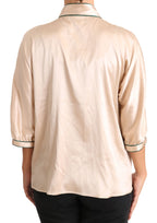 Beige Ribbon Seide Stretch Top Bluse