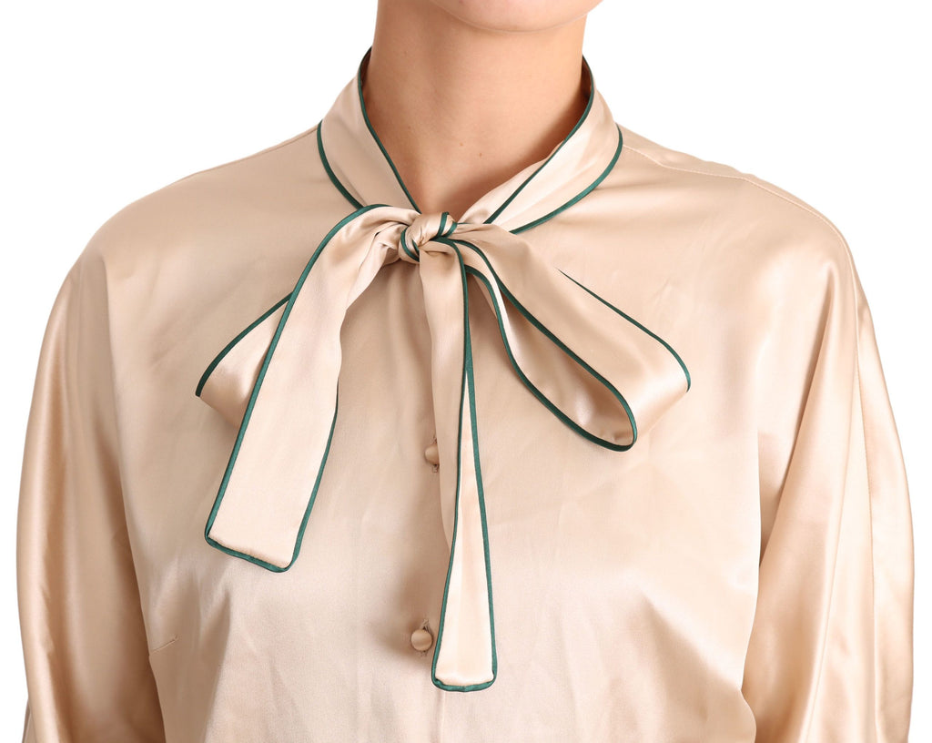 Beige Ribbon Seide Stretch Top Bluse