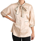 Beige Ribbon Seide Stretch Top Bluse