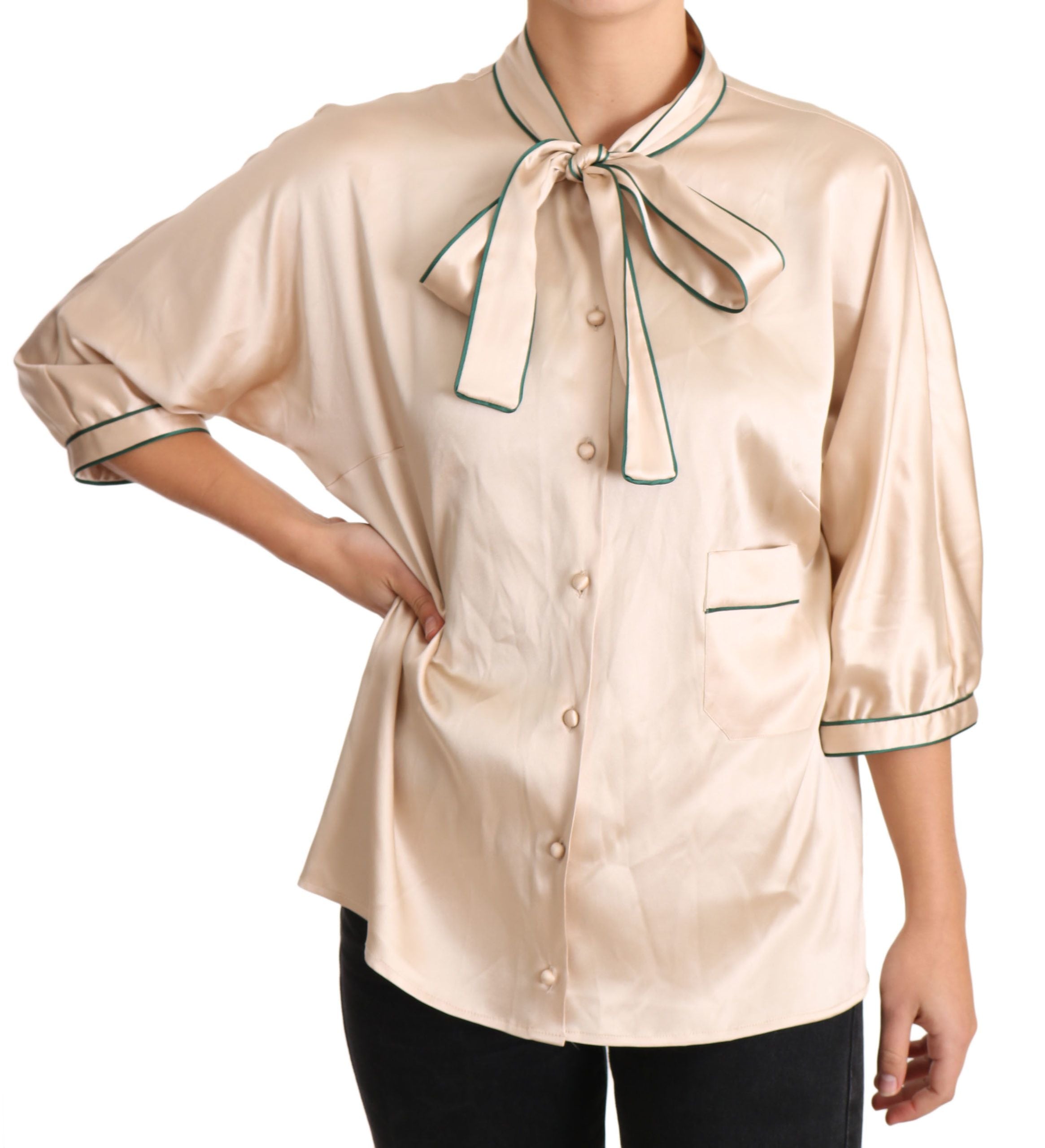 Beige Ribbon Seide Stretch Top Bluse