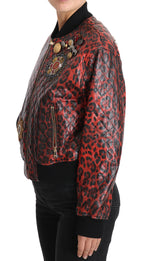 Rote Leopardenknopf-Kristall-Lederjacke