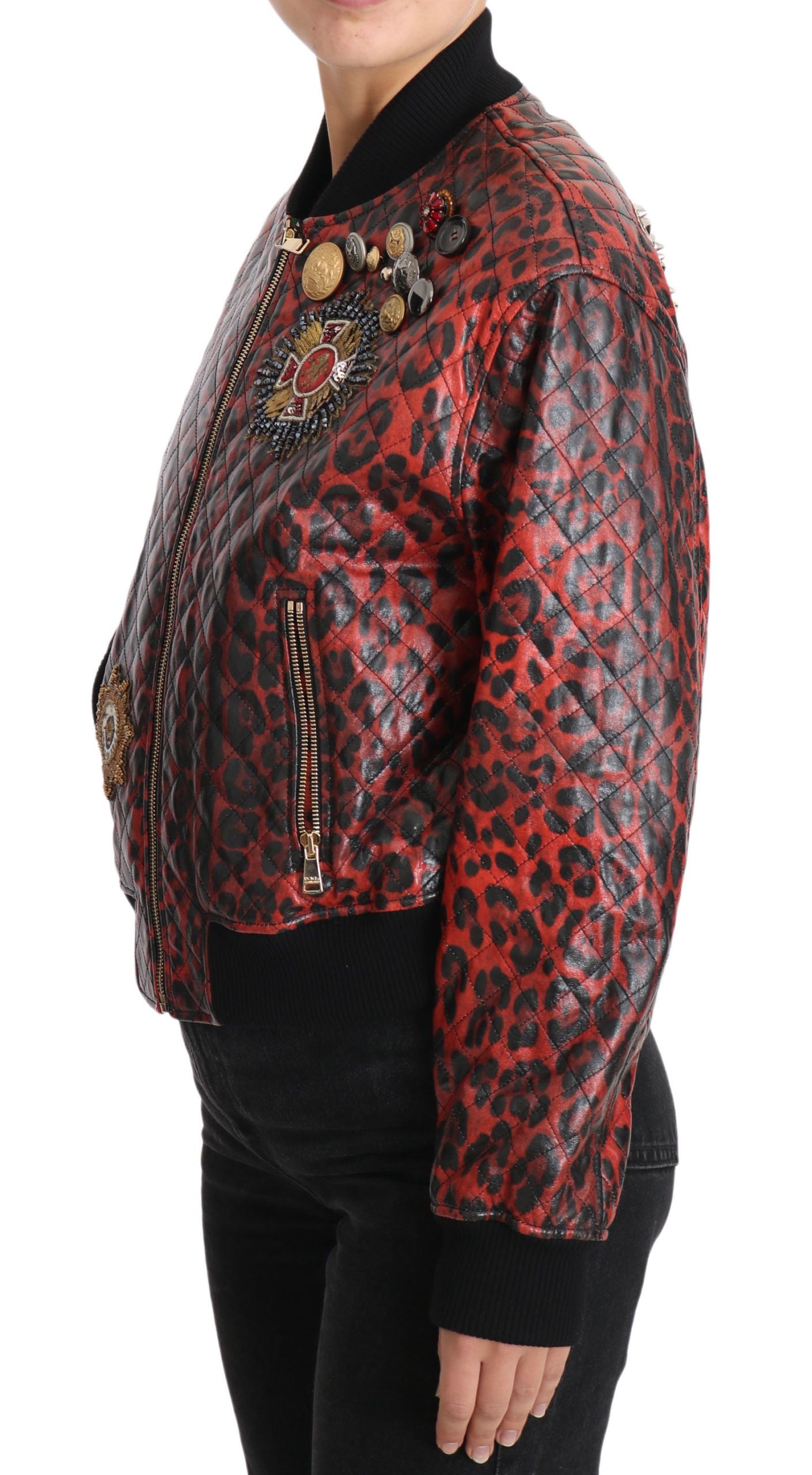 Rote Leopardenknopf-Kristall-Lederjacke