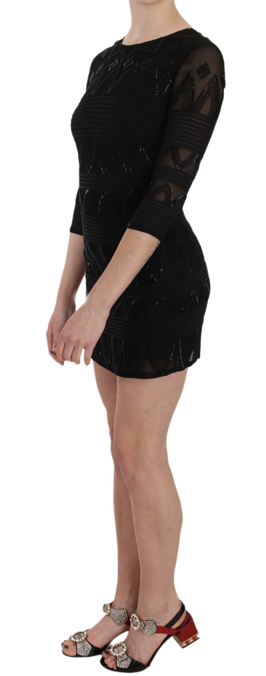 Black Silk Sequined Mini Shift Dress