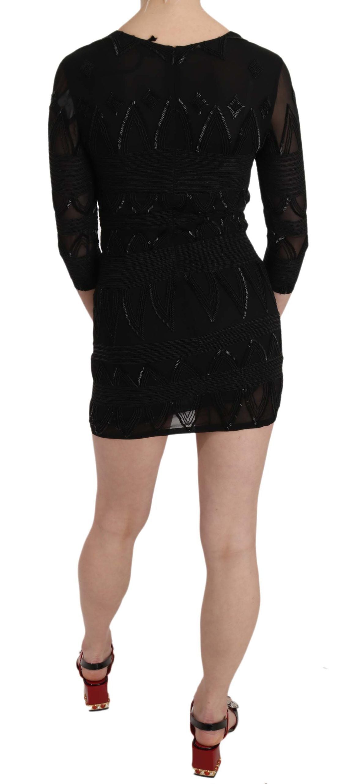 Black Silk Sequined Mini Shift Dress