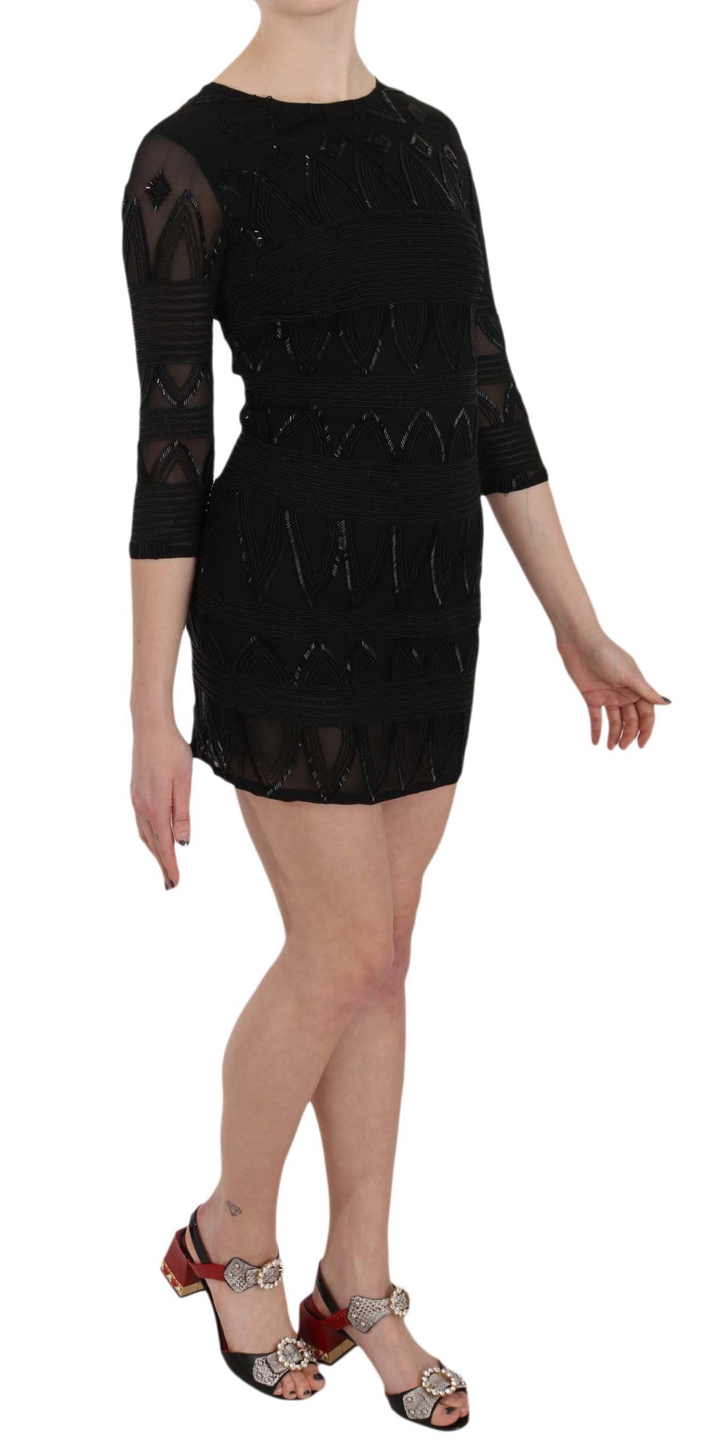 Black Silk Sequined Mini Shift Dress