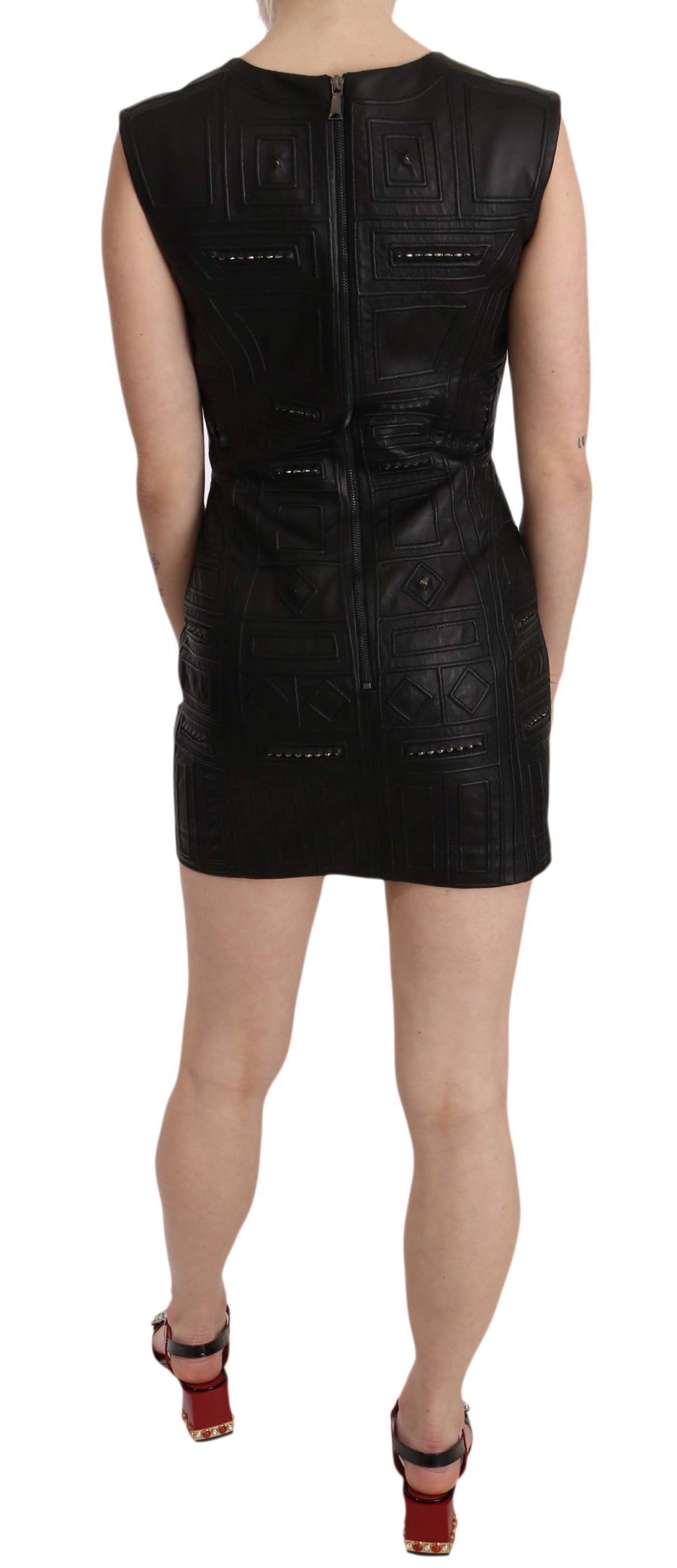 Schwarzes, nietenbesetztes Mini-Shift-Kleid aus Leder