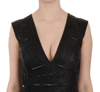 Schwarzes, nietenbesetztes Mini-Shift-Kleid aus Leder