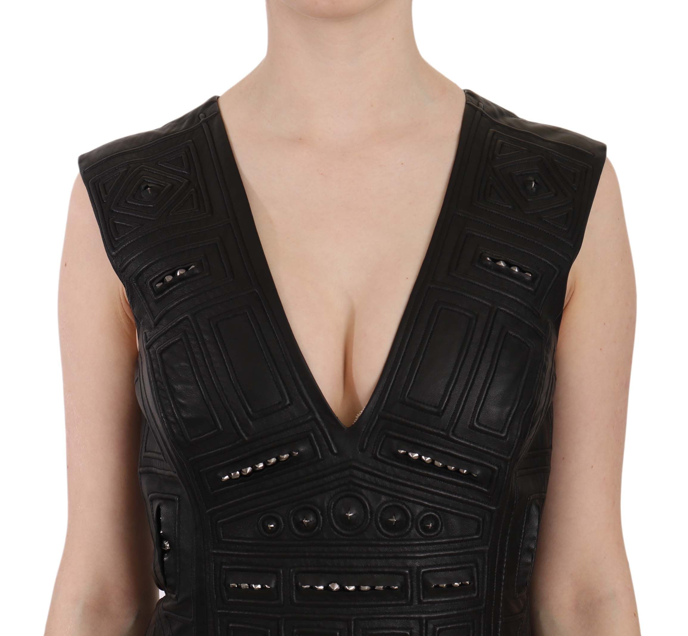 Schwarzes, nietenbesetztes Mini-Shift-Kleid aus Leder