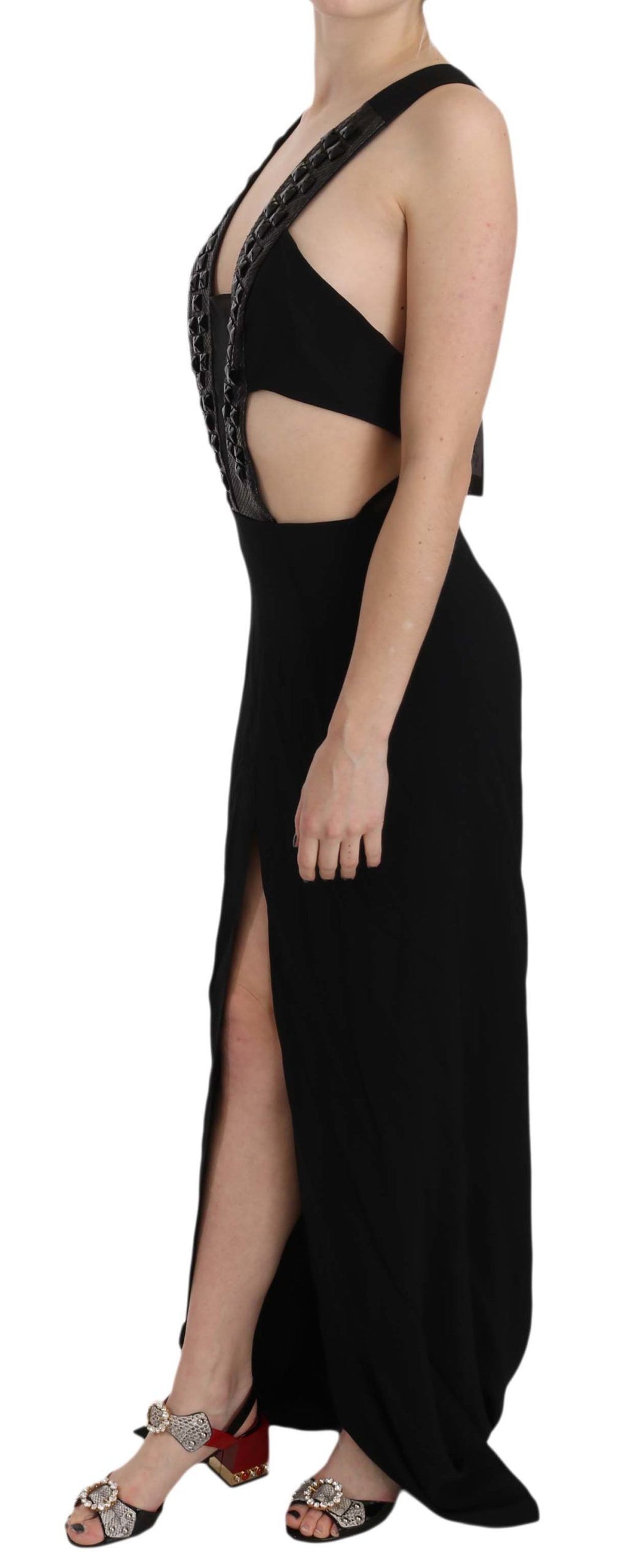 Schwarzes Lederkleid aus Crystal-Leder mit ausgestelltem Rock
