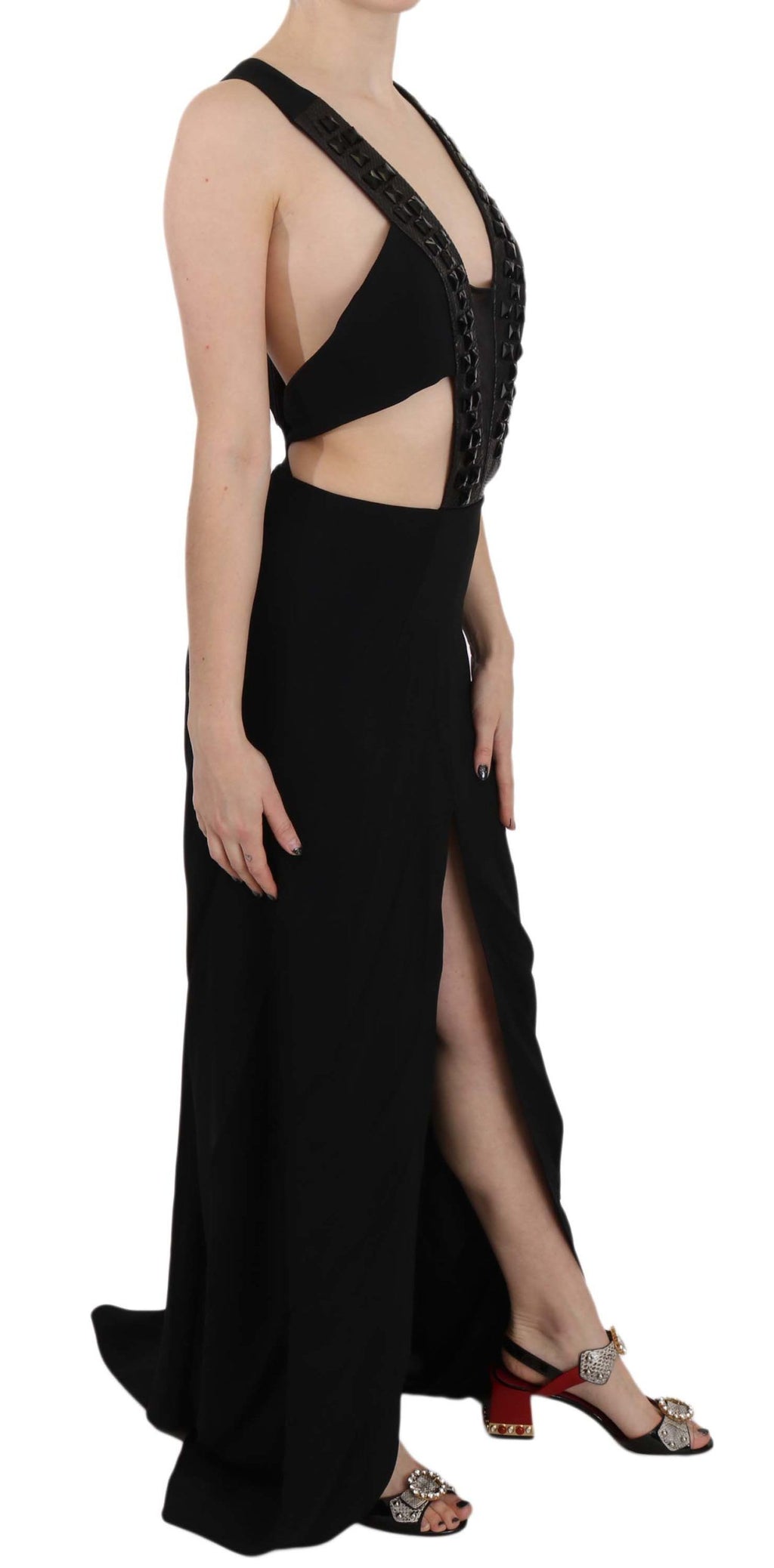 Schwarzes Lederkleid aus Crystal-Leder mit ausgestelltem Rock