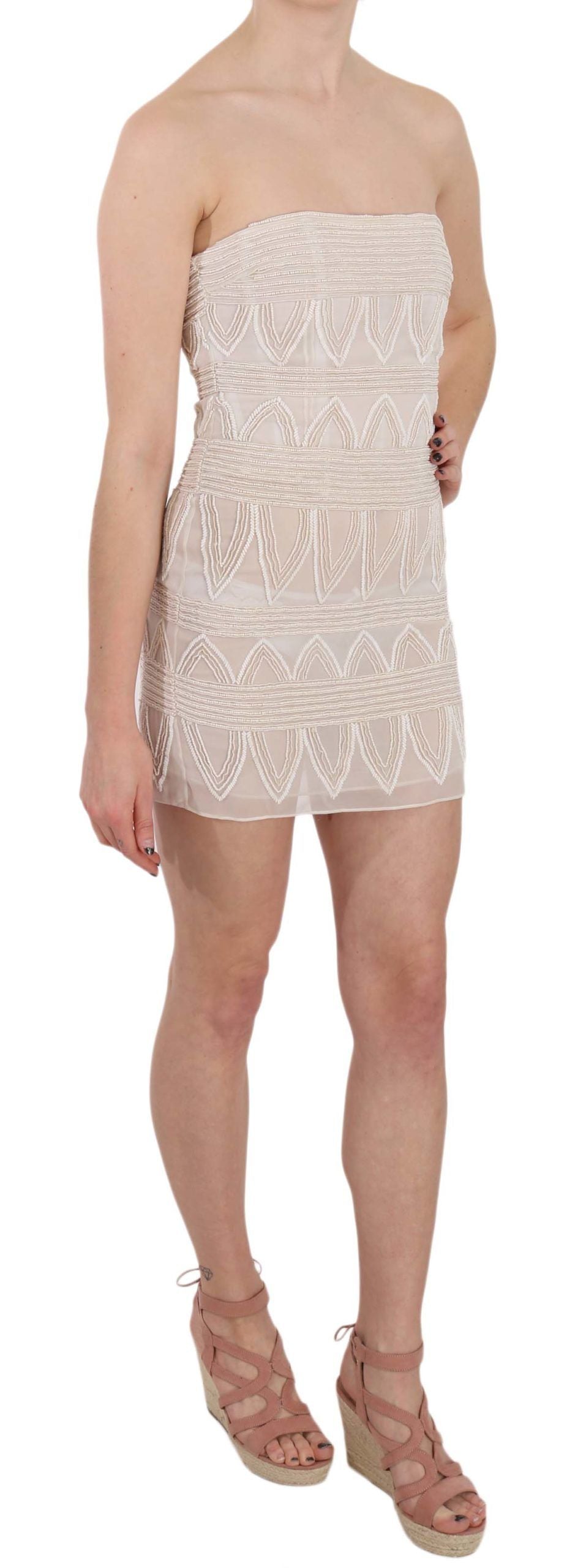 Beige Perlenbesetzte Kurze Mini-Kleid aus Seide