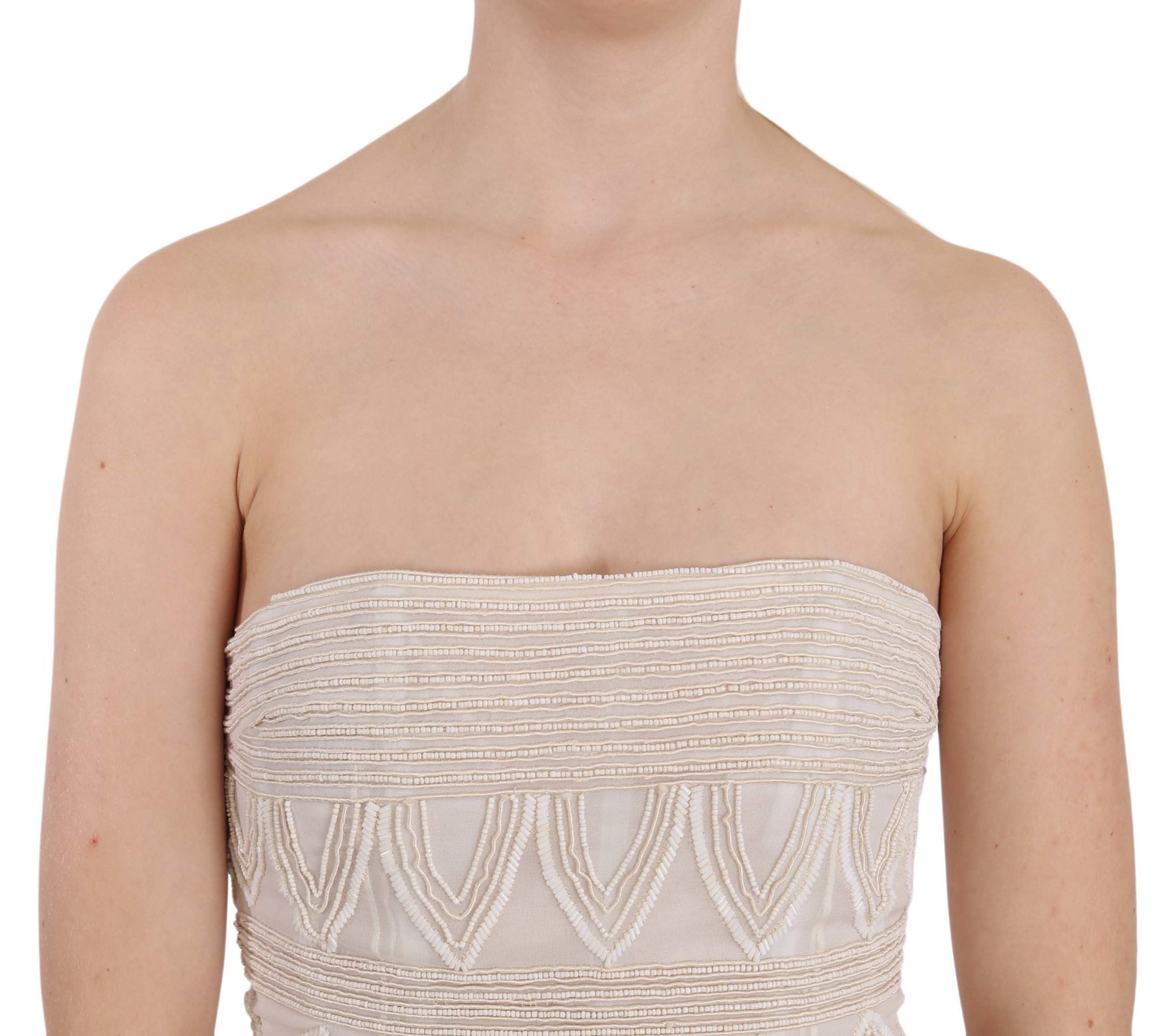 Beige Perlenbesetzte Kurze Mini-Kleid aus Seide