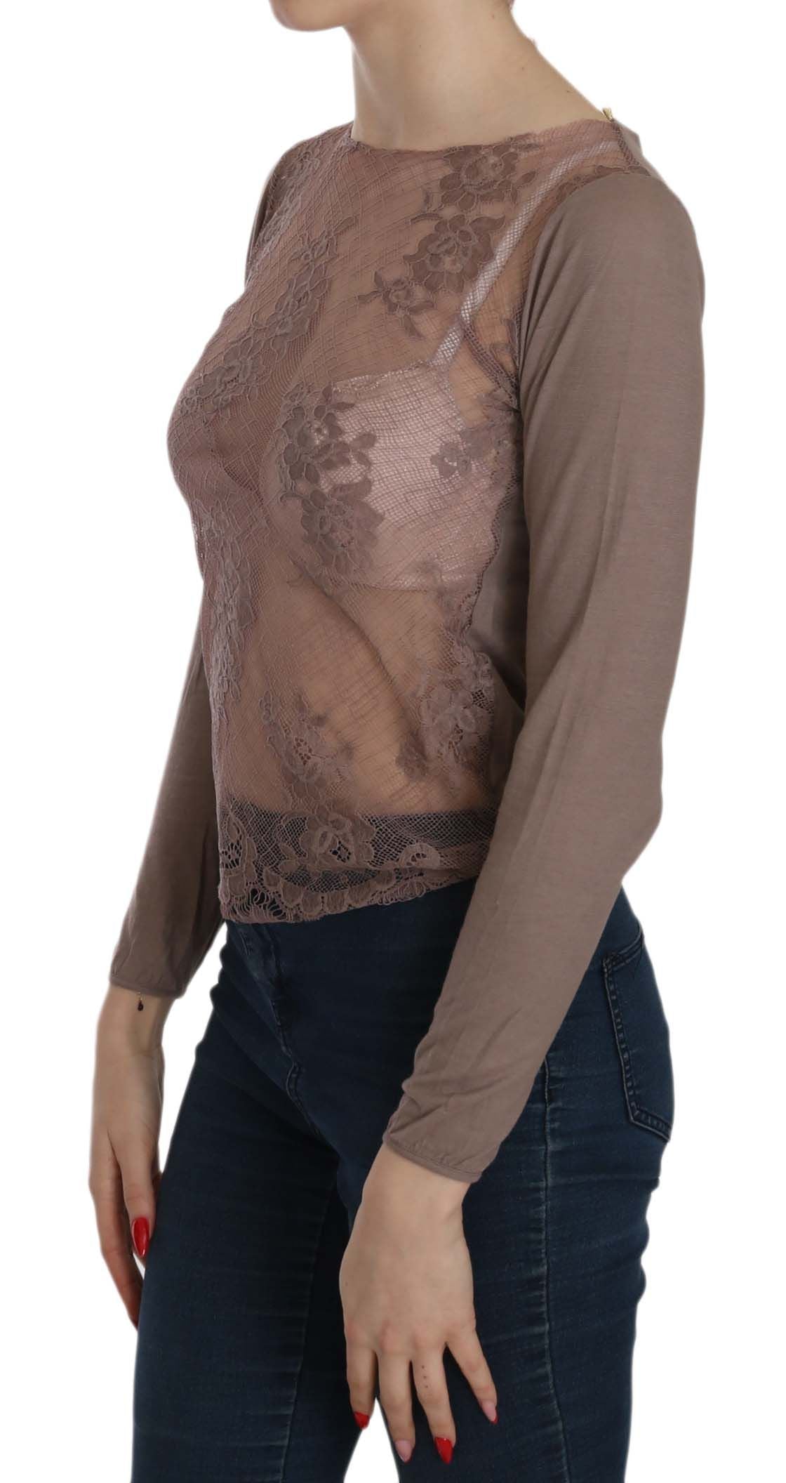 Braunes Spitzentop mit langen Ärmeln und transparenten Details