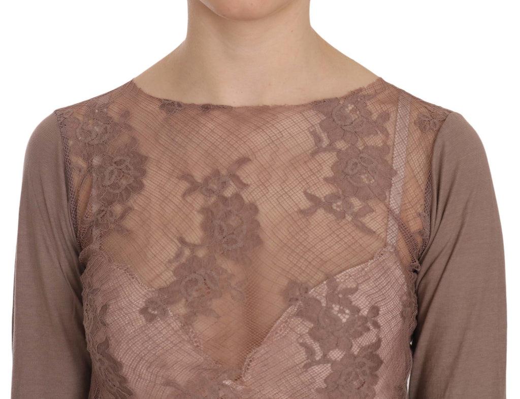 Braunes Spitzentop mit langen Ärmeln und transparenten Details