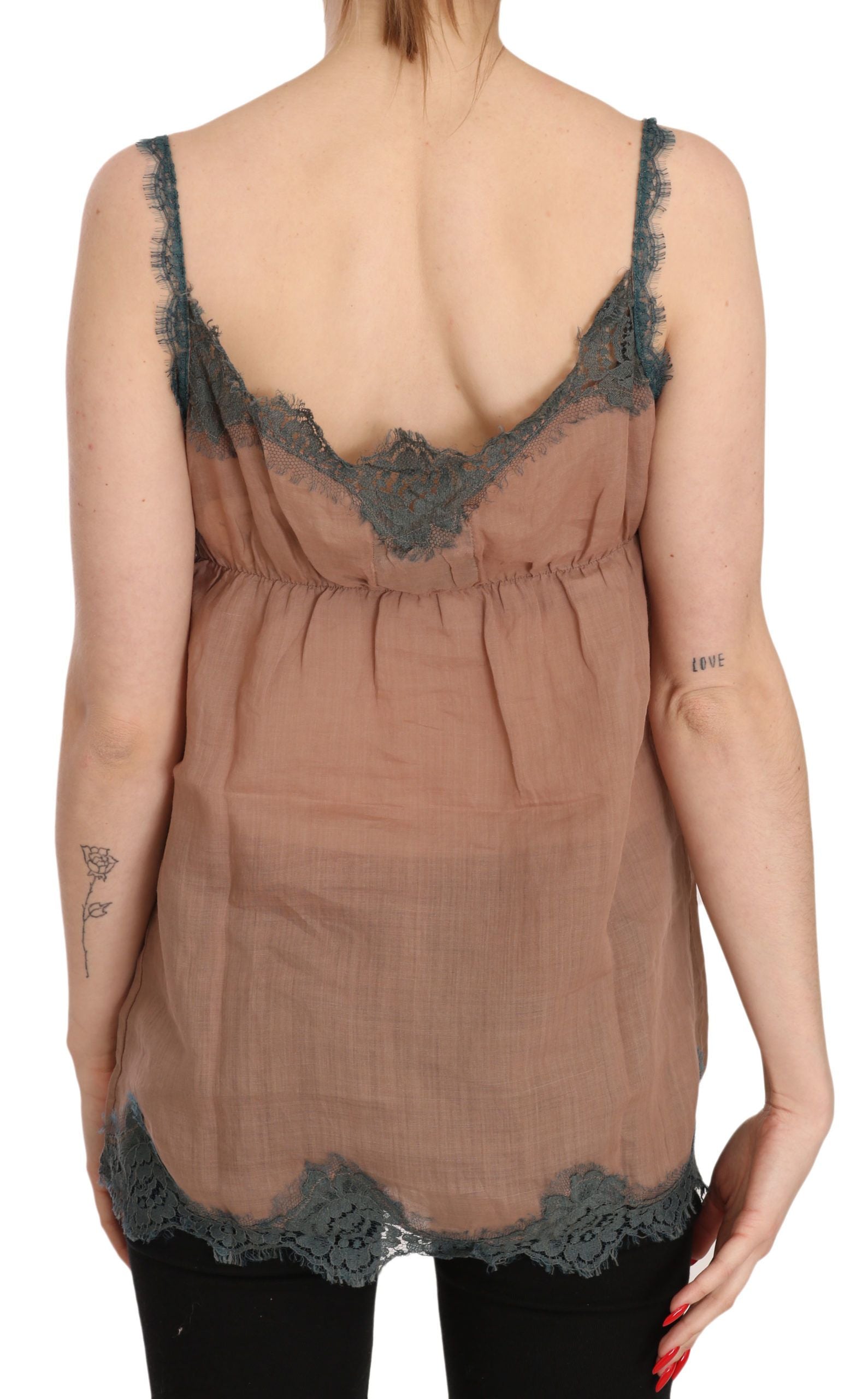 Braunes Spaghetti-Träger-Tanktop aus Spitze