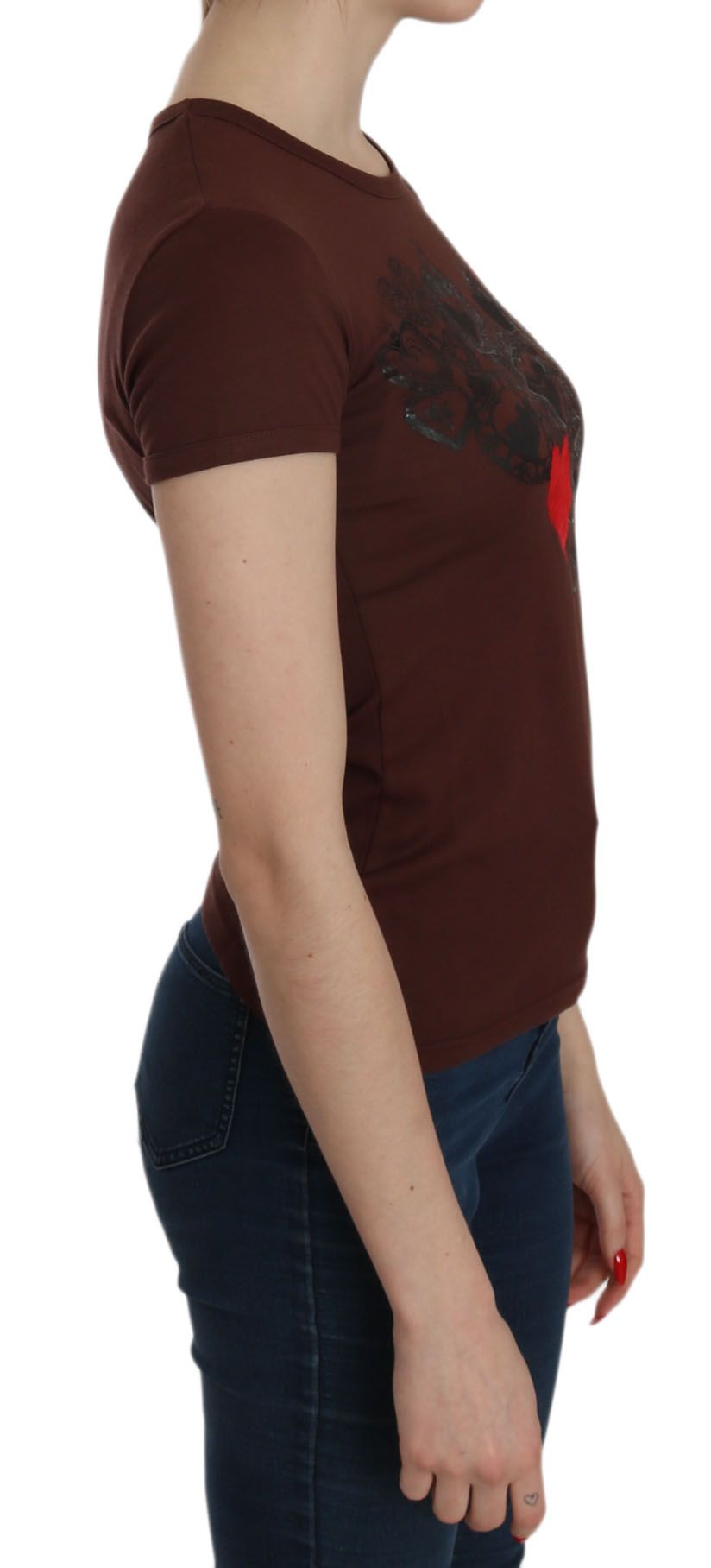 Braunes T-Shirt mit Rundhalsausschnitt und Herz-Print, Kurzarmbluse