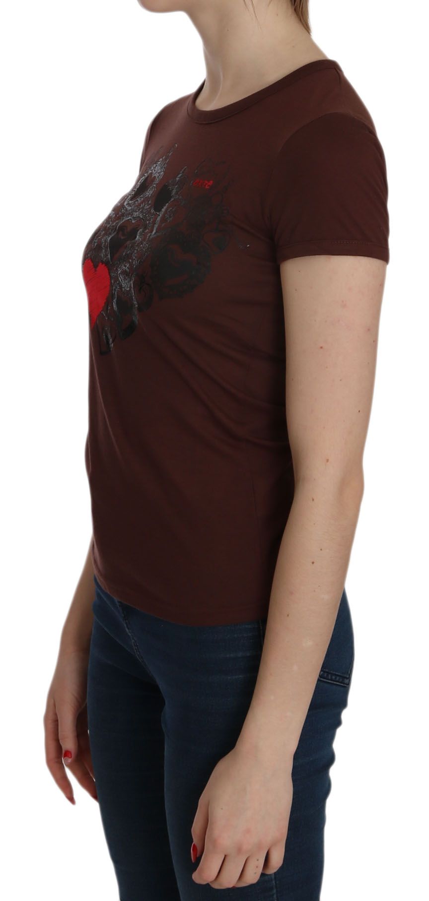 Braunes T-Shirt mit Rundhalsausschnitt und Herz-Print, Kurzarmbluse