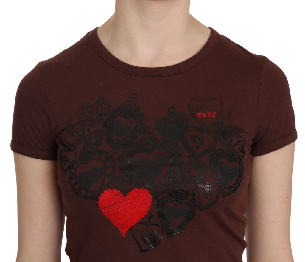 Braunes T-Shirt mit Rundhalsausschnitt und Herz-Print, Kurzarmbluse