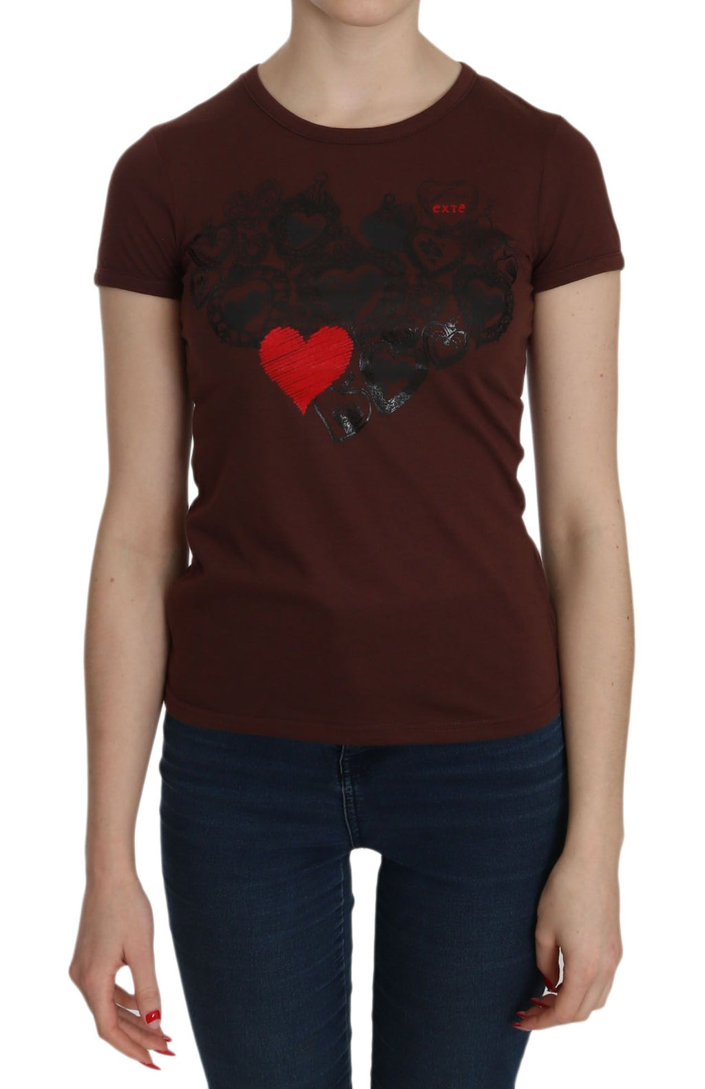 Braunes T-Shirt mit Rundhalsausschnitt und Herz-Print, Kurzarmbluse