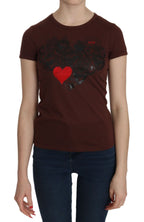 Braunes T-Shirt mit Rundhalsausschnitt und Herz-Print, Kurzarmbluse