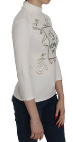 White Printed Turtle Neck 3/4 Sleeve Top Cotton Blouse