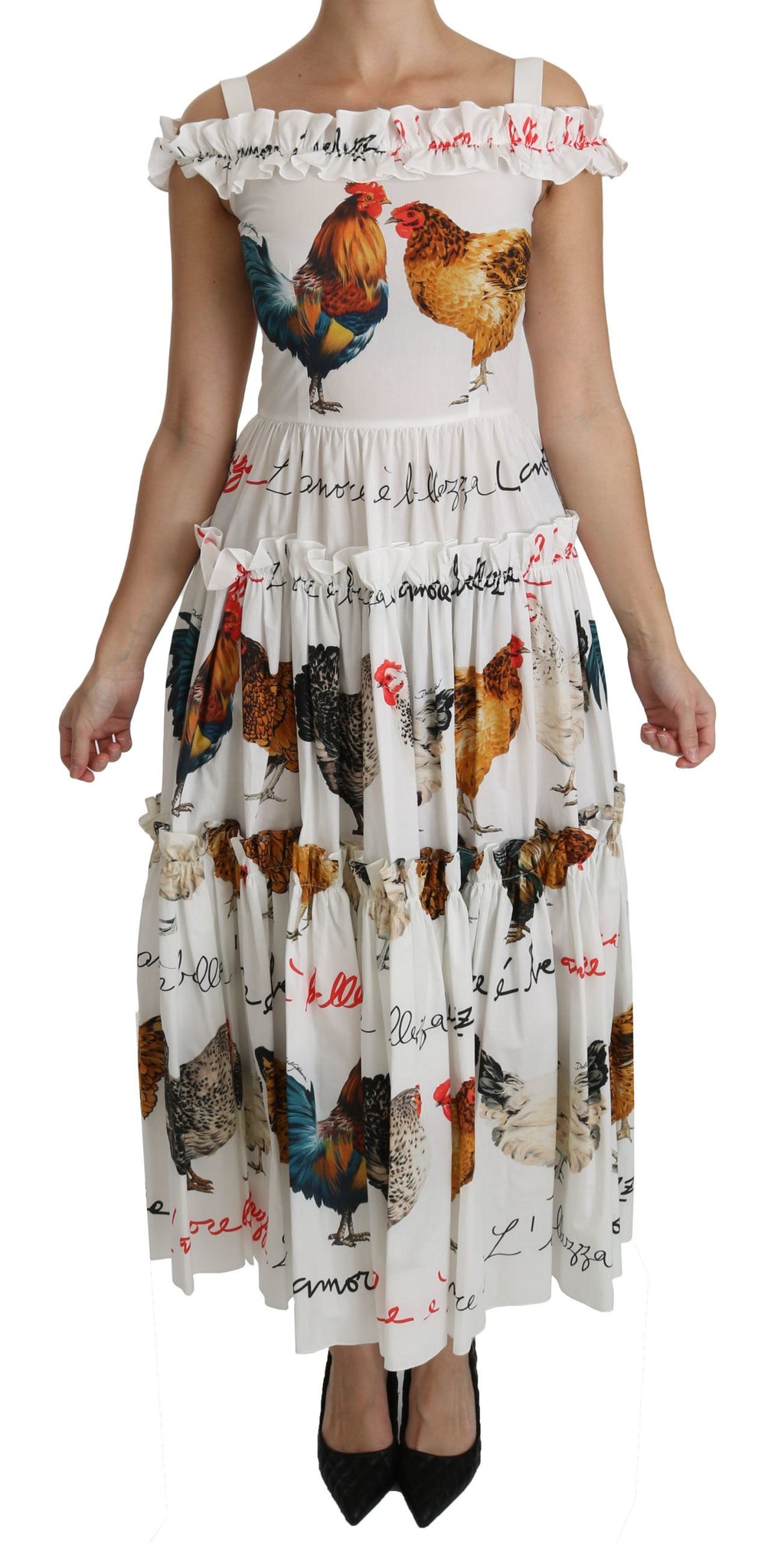 Weißes Midi-Baumwollkleid im Etui-Stil mit Hahn-Print