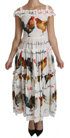 Weißes Midi-Baumwollkleid im Etui-Stil mit Hahn-Print