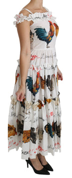 Weißes Midi-Baumwollkleid im Etui-Stil mit Hahn-Print