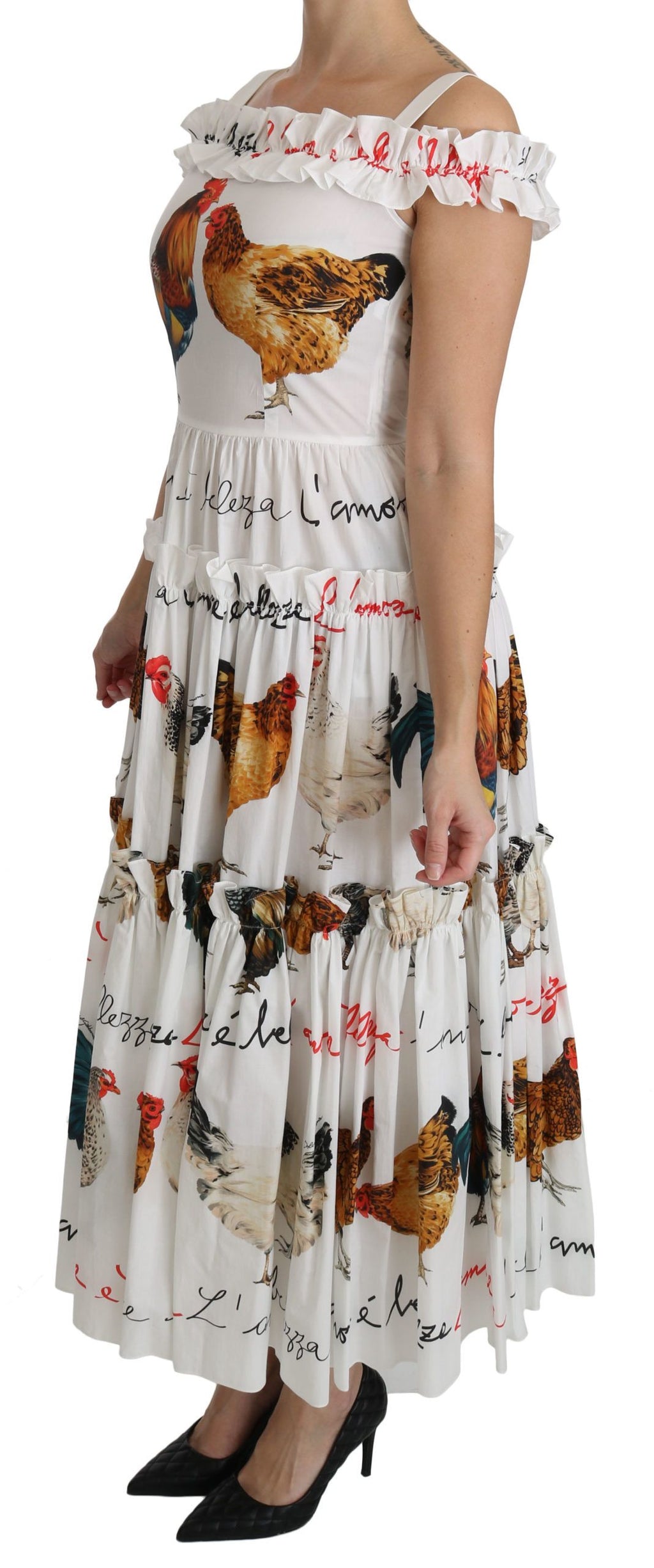 Weißes Midi-Baumwollkleid im Etui-Stil mit Hahn-Print