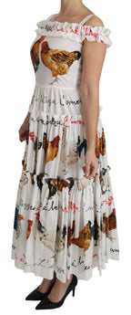 Weißes Midi-Baumwollkleid im Etui-Stil mit Hahn-Print