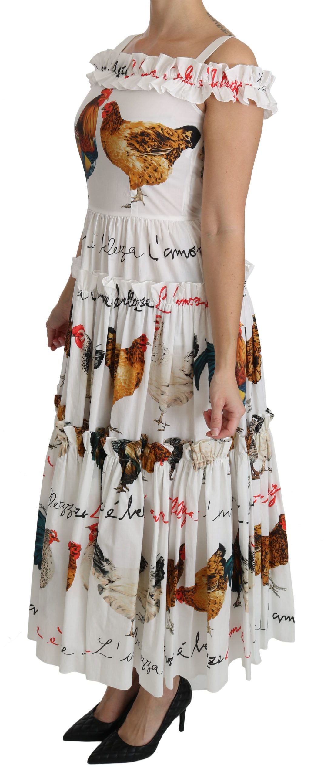 Weißes Midi-Baumwollkleid im Etui-Stil mit Hahn-Print