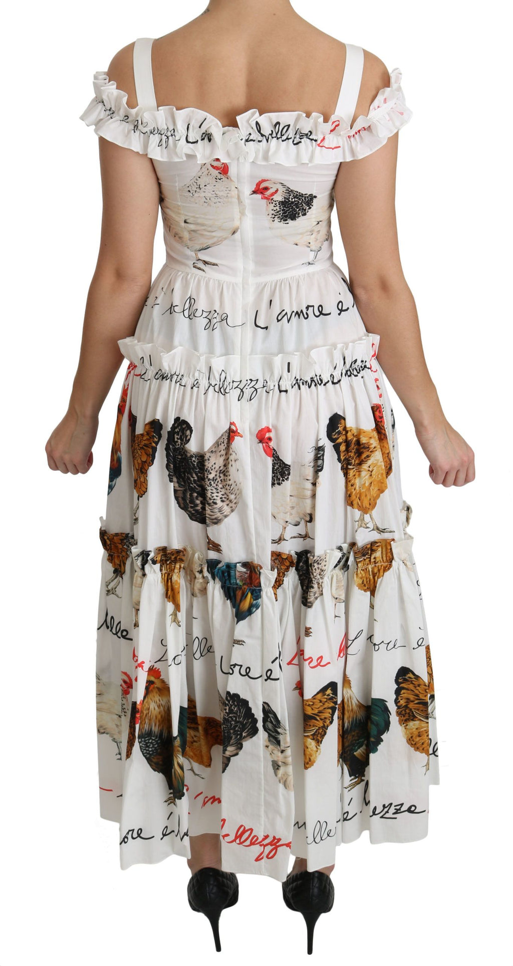 Weißes Midi-Baumwollkleid im Etui-Stil mit Hahn-Print