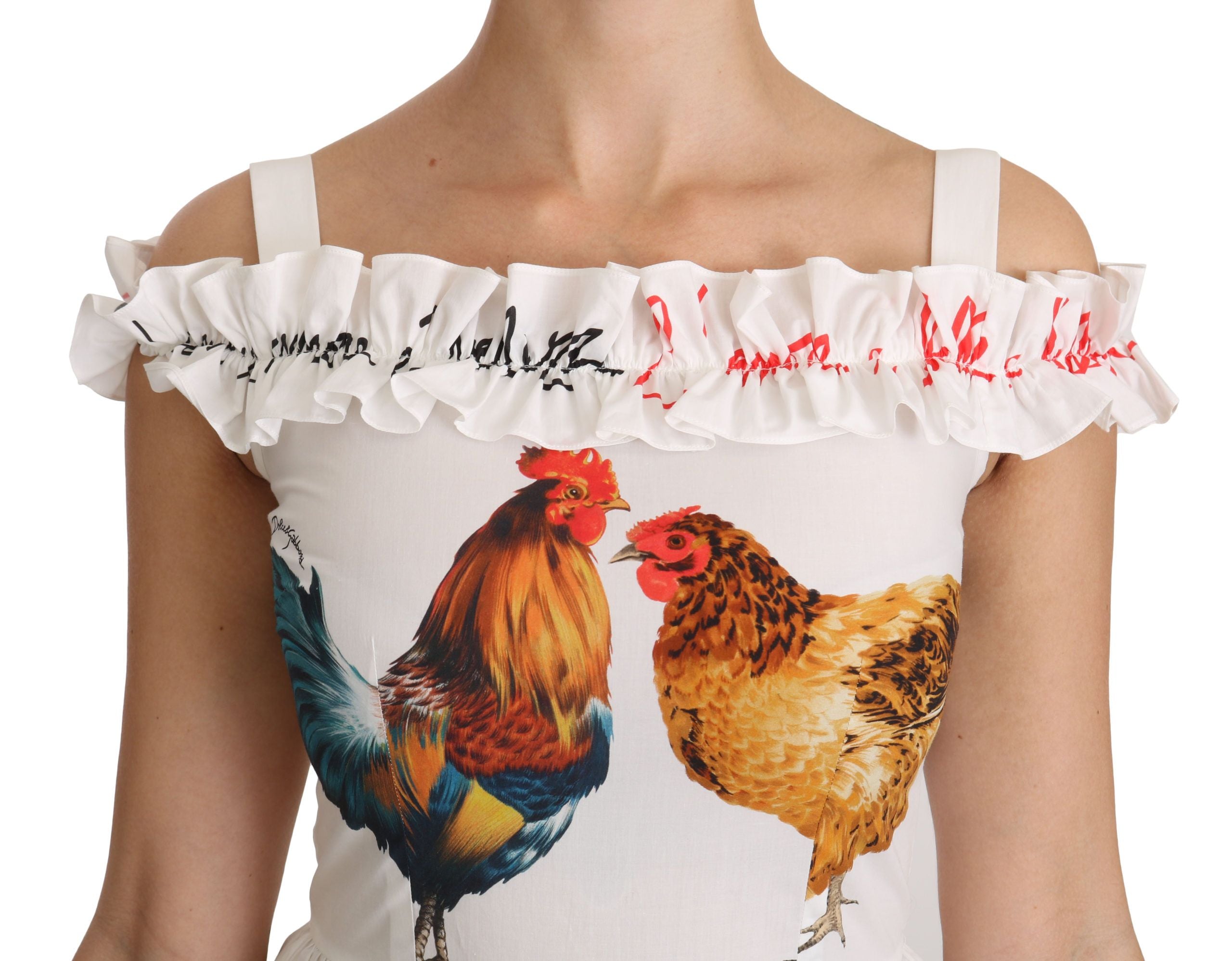 Weißes Midi-Baumwollkleid im Etui-Stil mit Hahn-Print