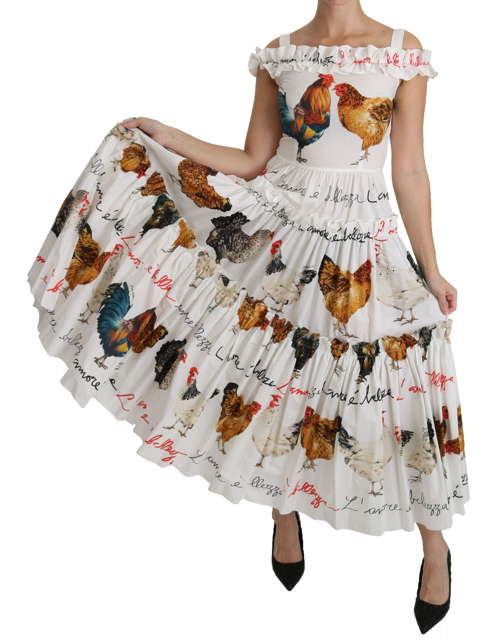 Weißes Midi-Baumwollkleid im Etui-Stil mit Hahn-Print