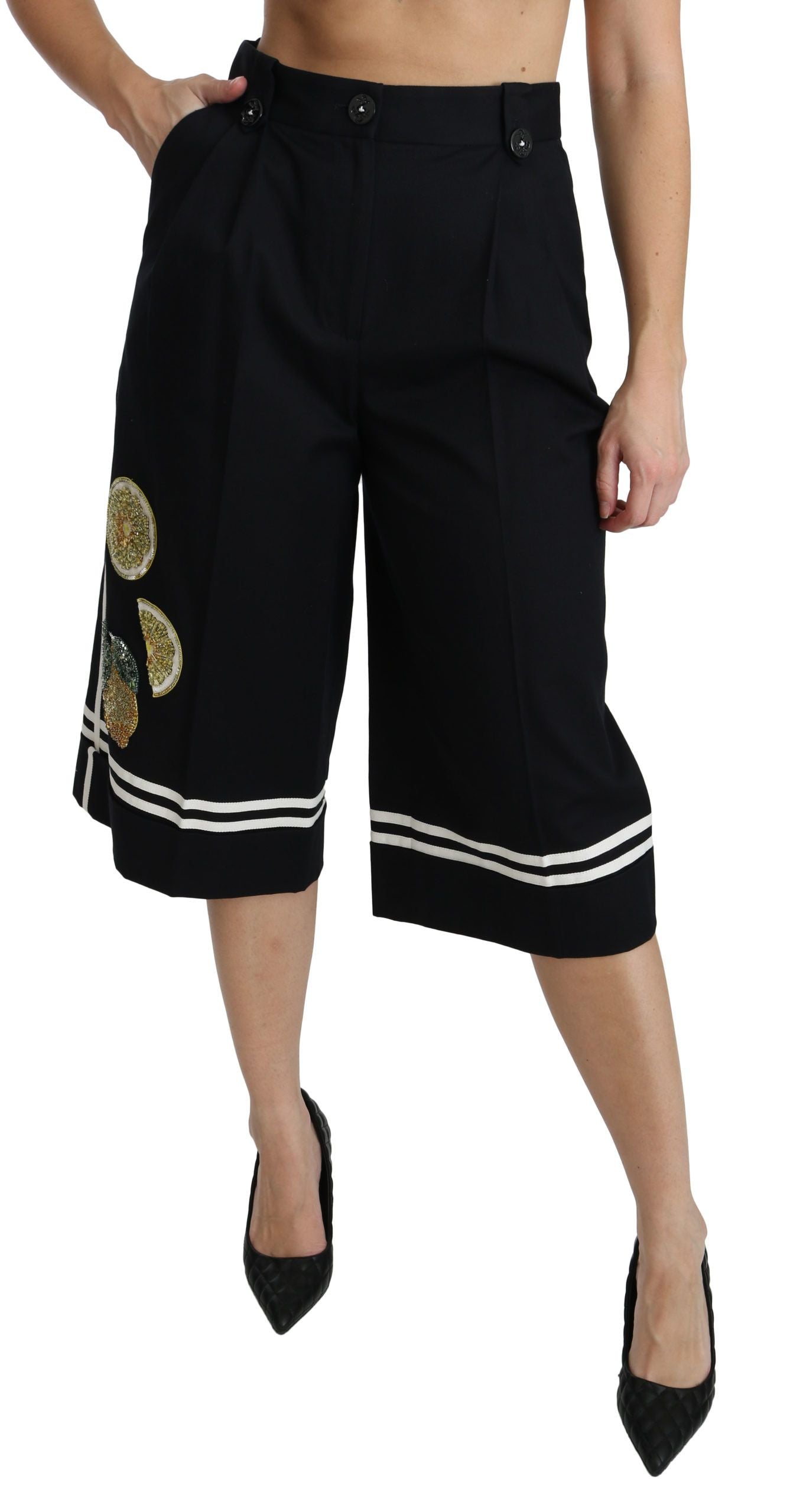 Schwarze Palazzo Cropped Pants mit Zitronenverzierung