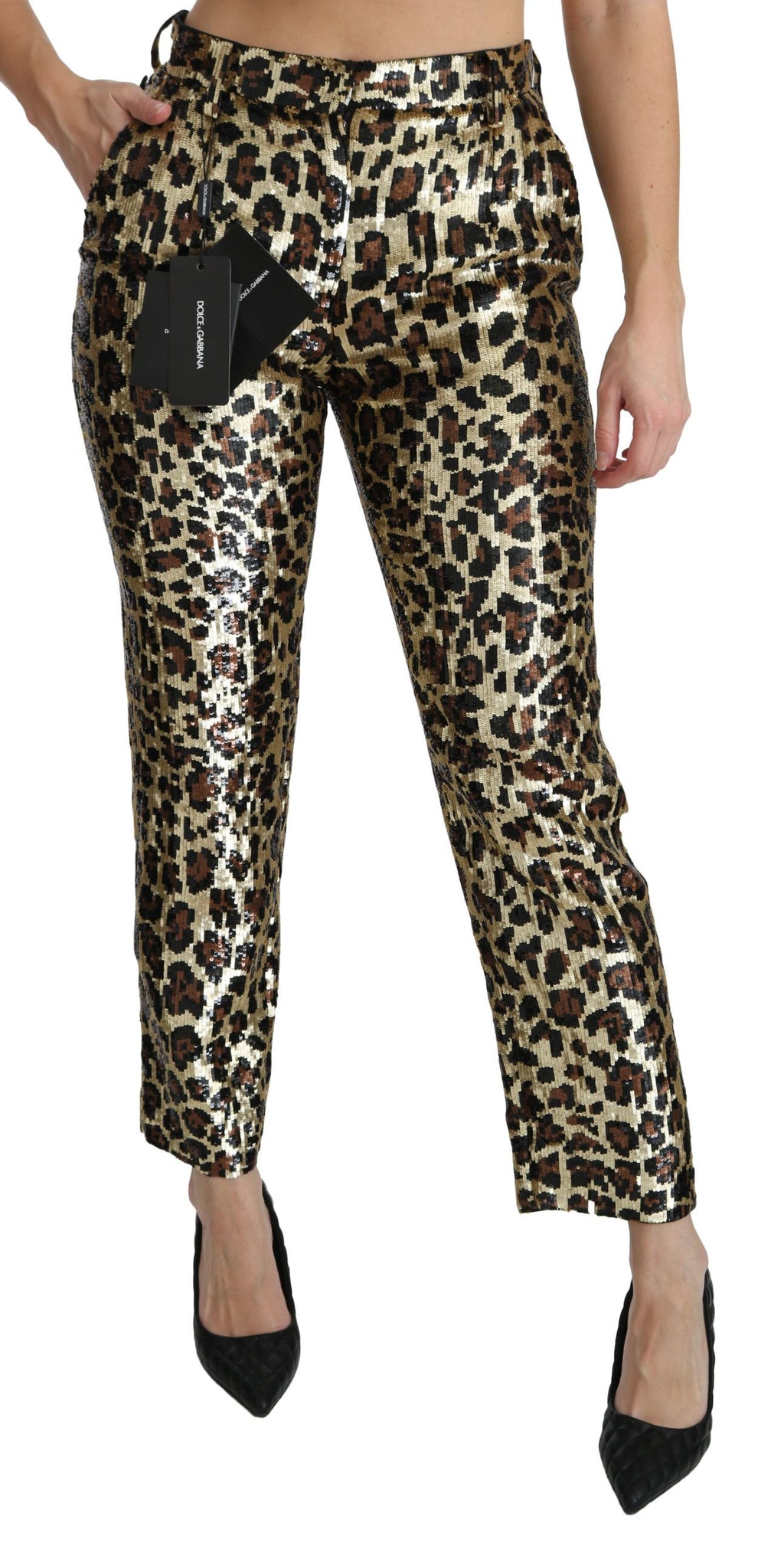 Braune Leoparden-Pailletten-Hose mit hoher Taille