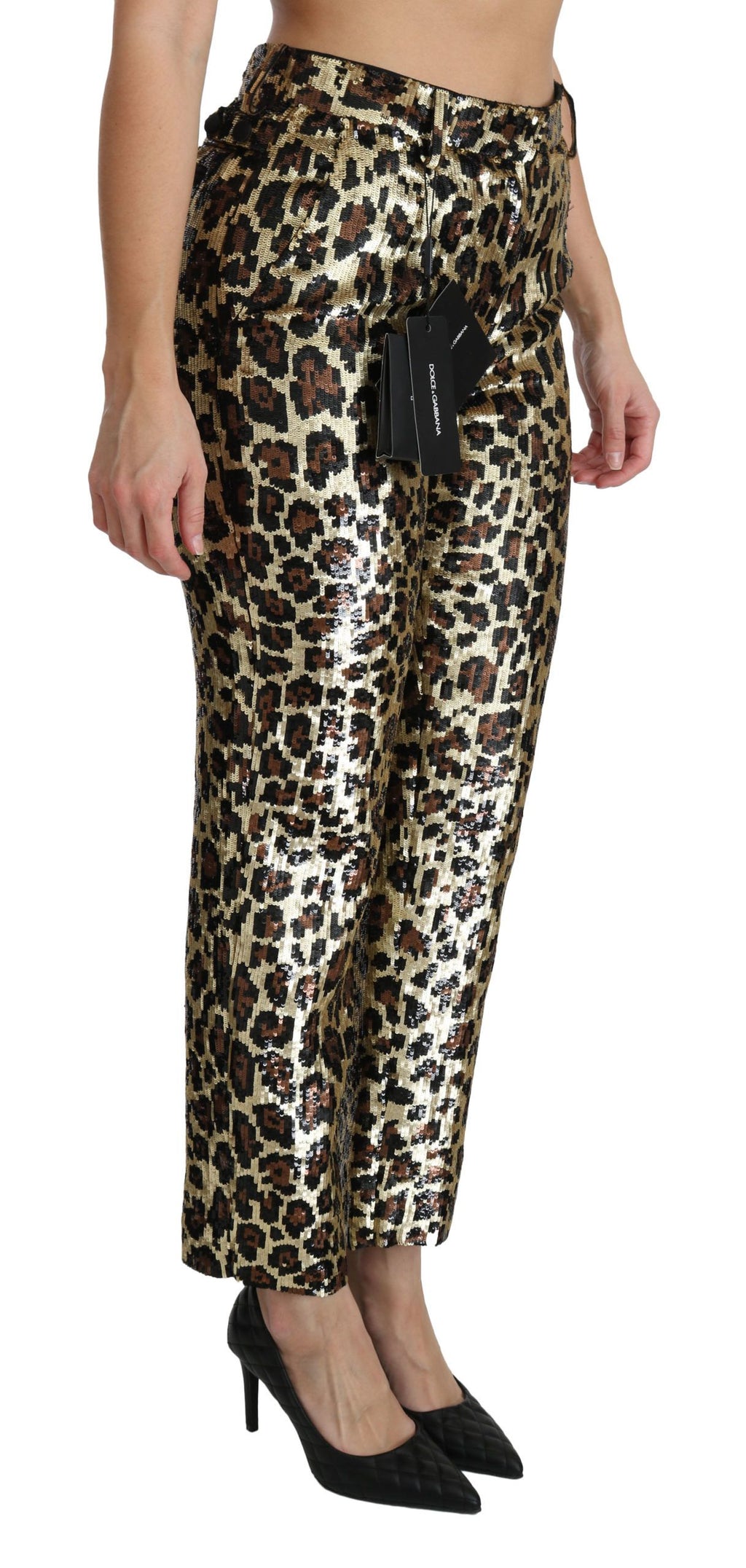 Braune Leoparden-Pailletten-Hose mit hoher Taille