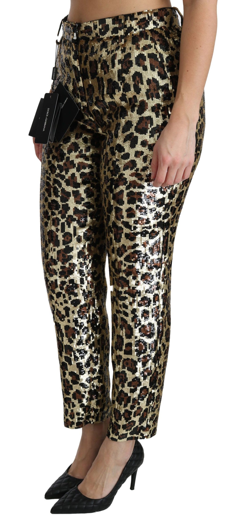 Braune Leoparden-Pailletten-Hose mit hoher Taille
