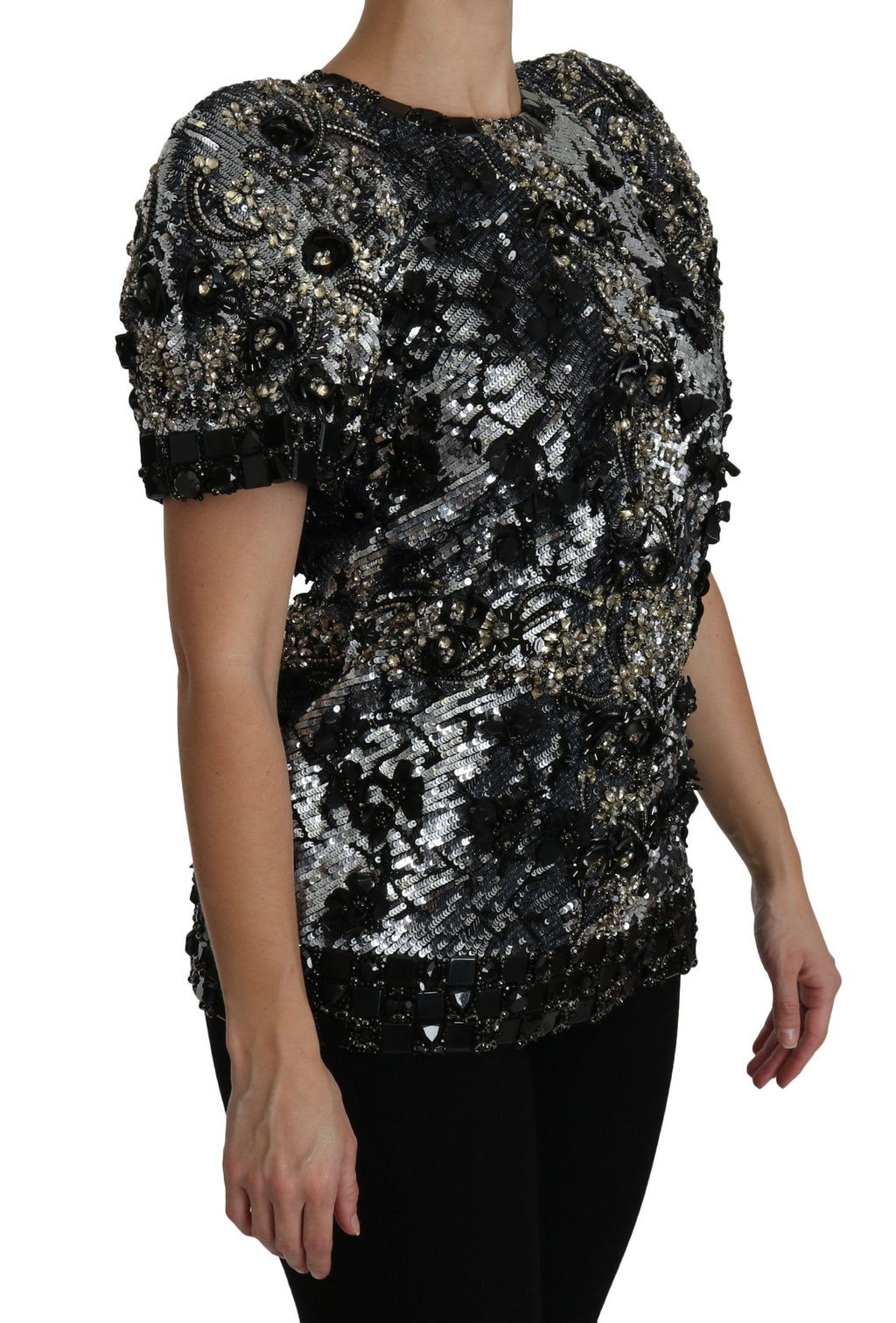 Schwarze Paillettenbluse mit Kristallverzierung