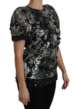 Schwarze Paillettenbluse mit Kristallverzierung