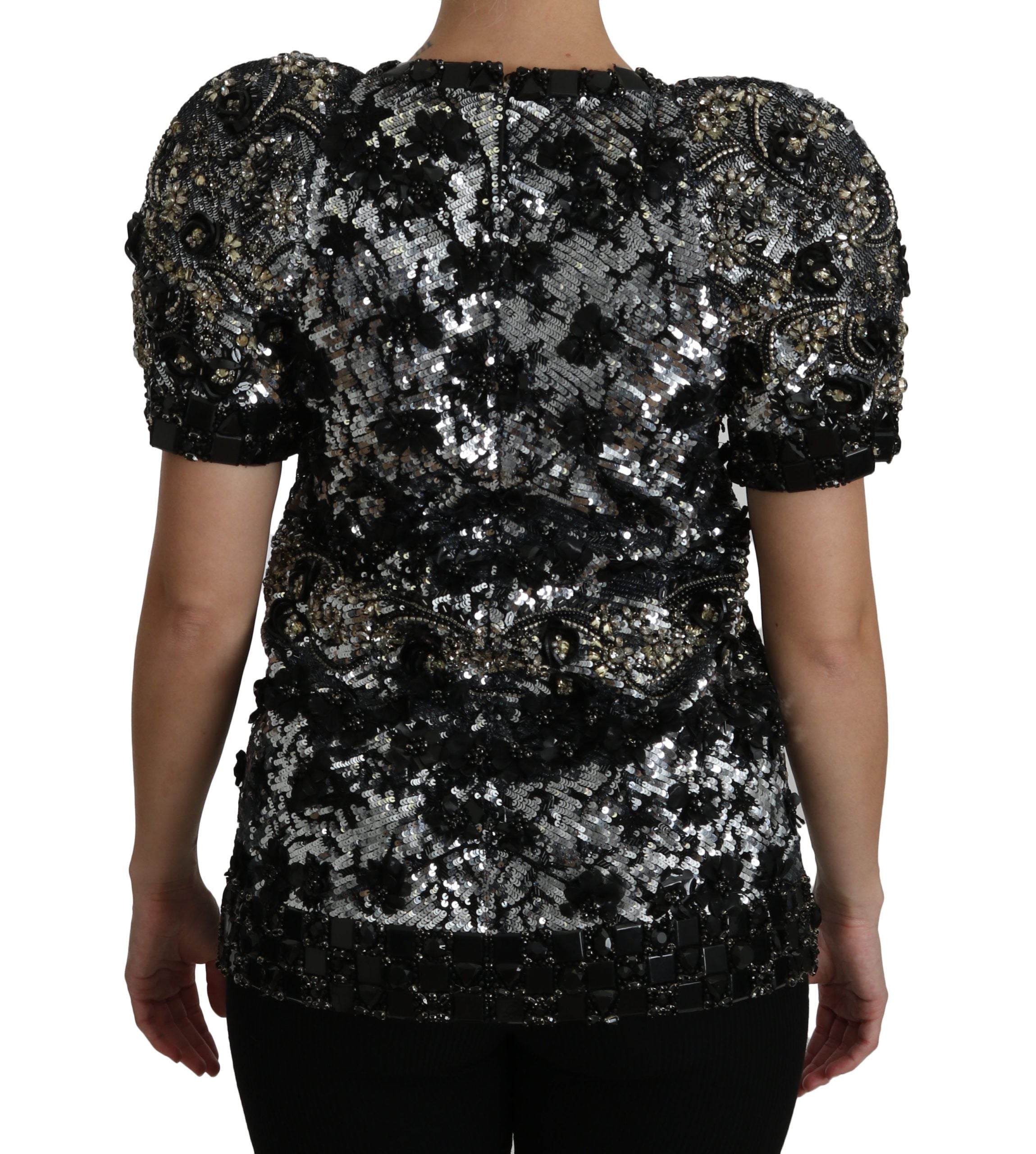 Schwarze Paillettenbluse mit Kristallverzierung