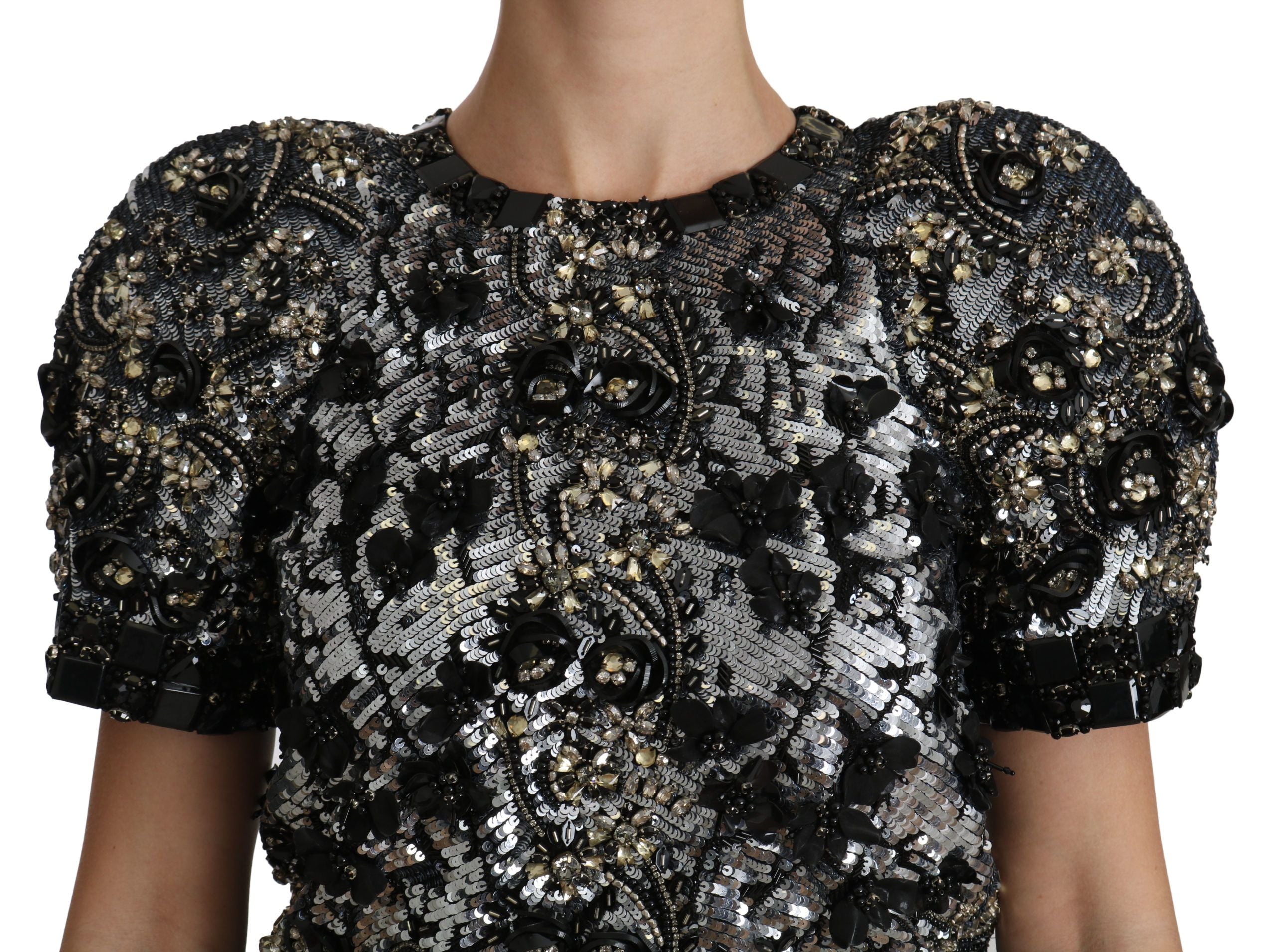 Schwarze Paillettenbluse mit Kristallverzierung