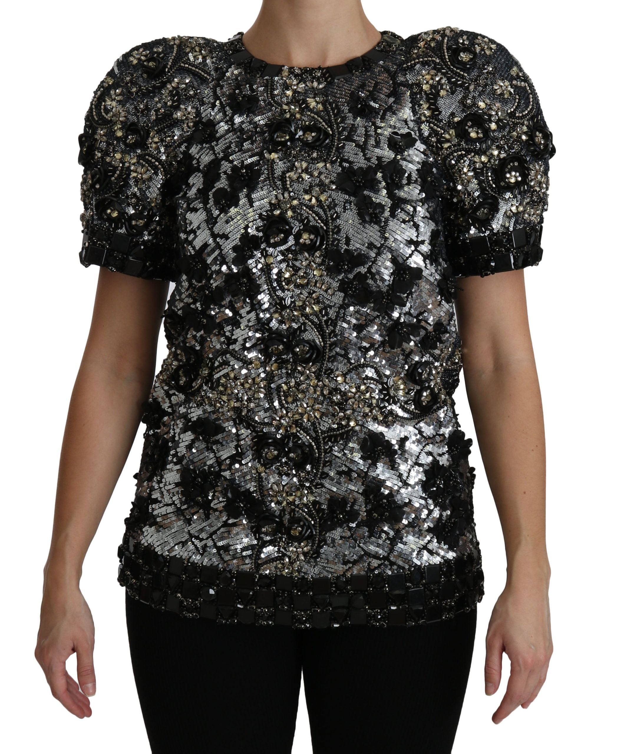 Schwarze Paillettenbluse mit Kristallverzierung