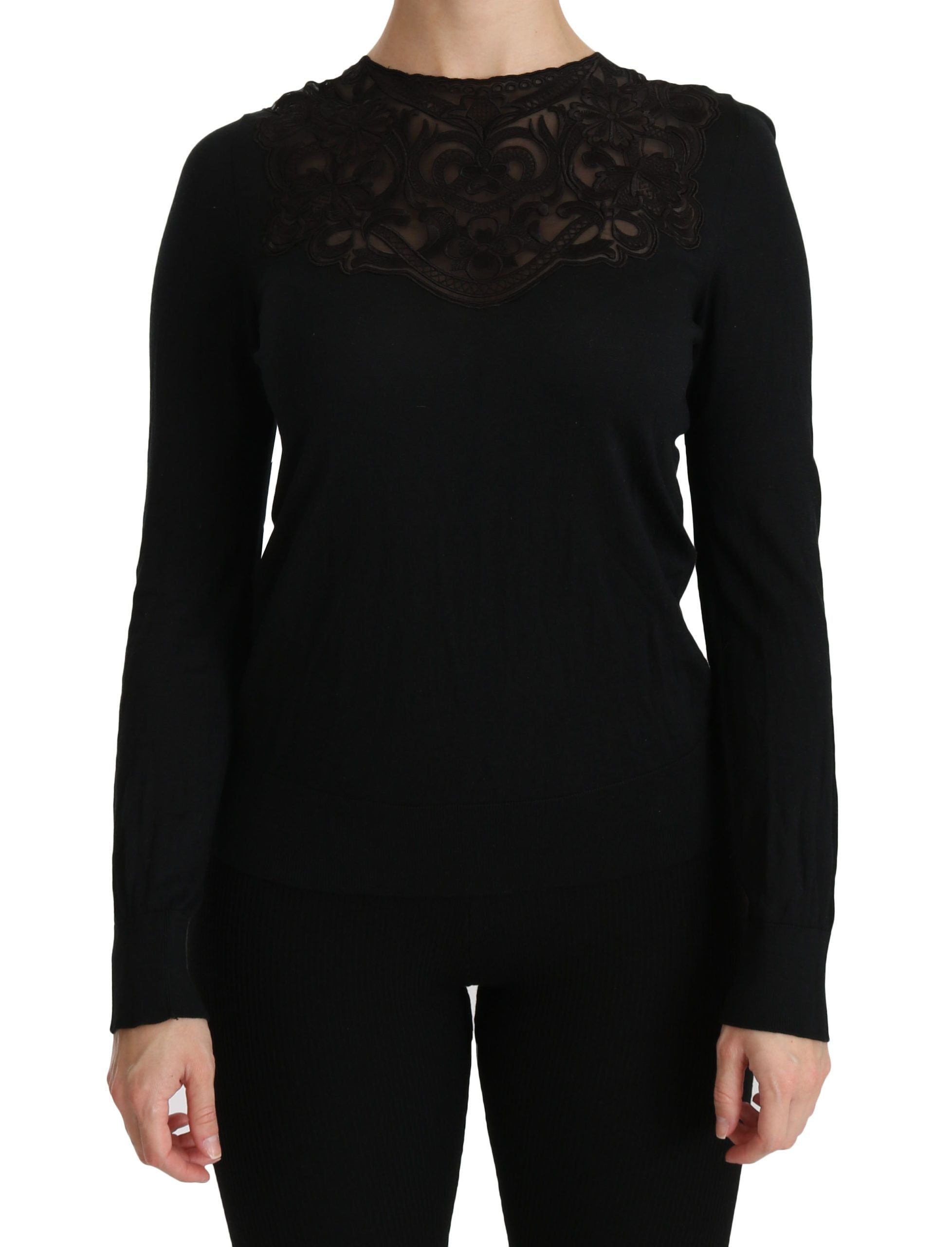 Schwarze Seidenbluse mit Rundhalsausschnitt und langen Ärmeln aus Spitze