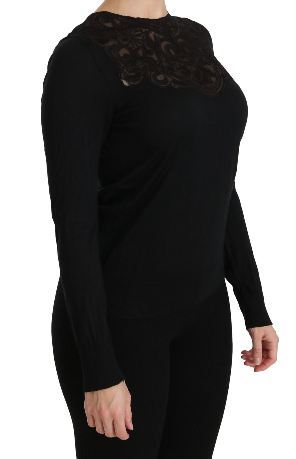 Schwarze Seidenbluse mit Rundhalsausschnitt und langen Ärmeln aus Spitze