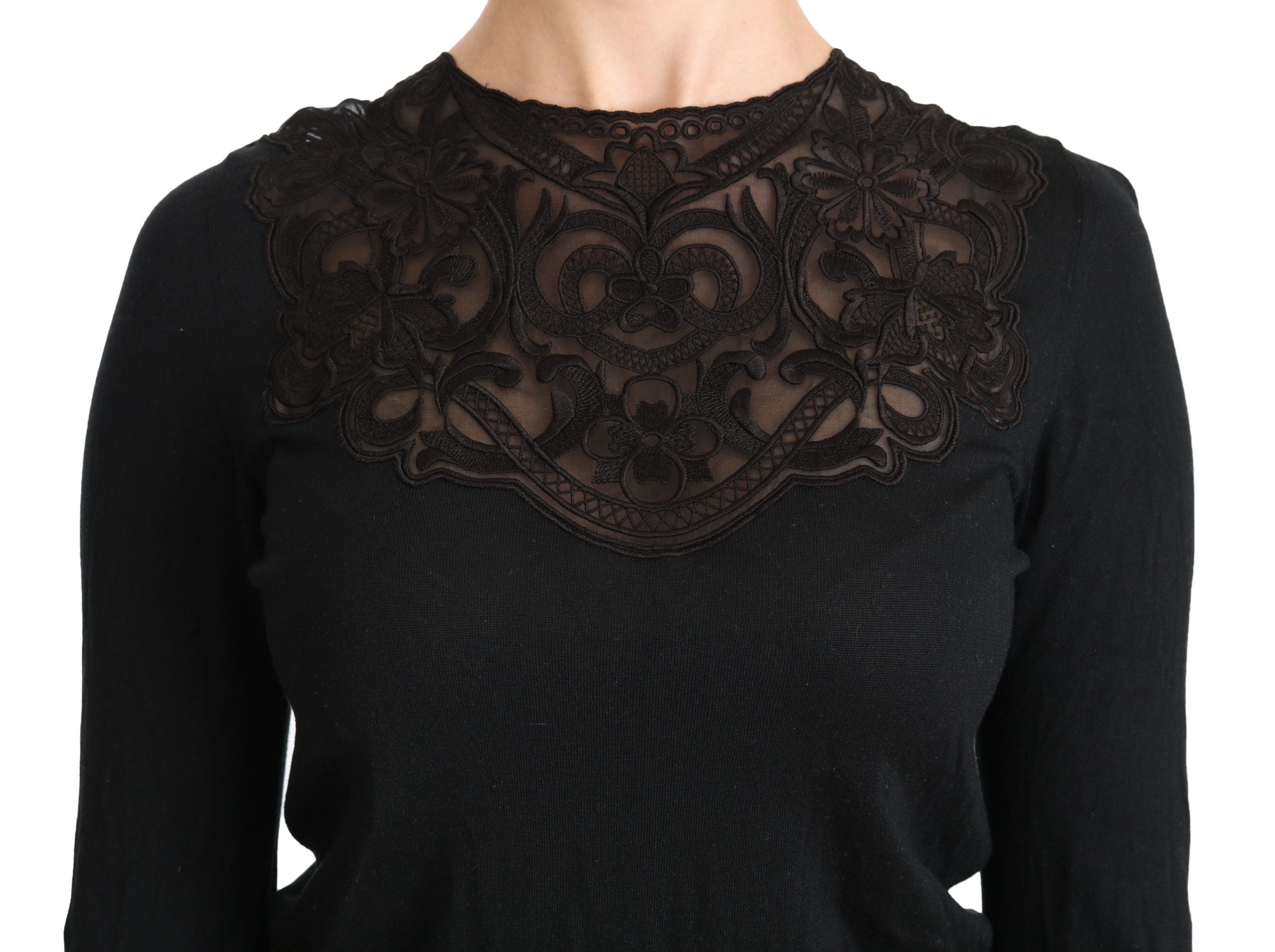 Schwarze Seidenbluse mit Rundhalsausschnitt und langen Ärmeln aus Spitze