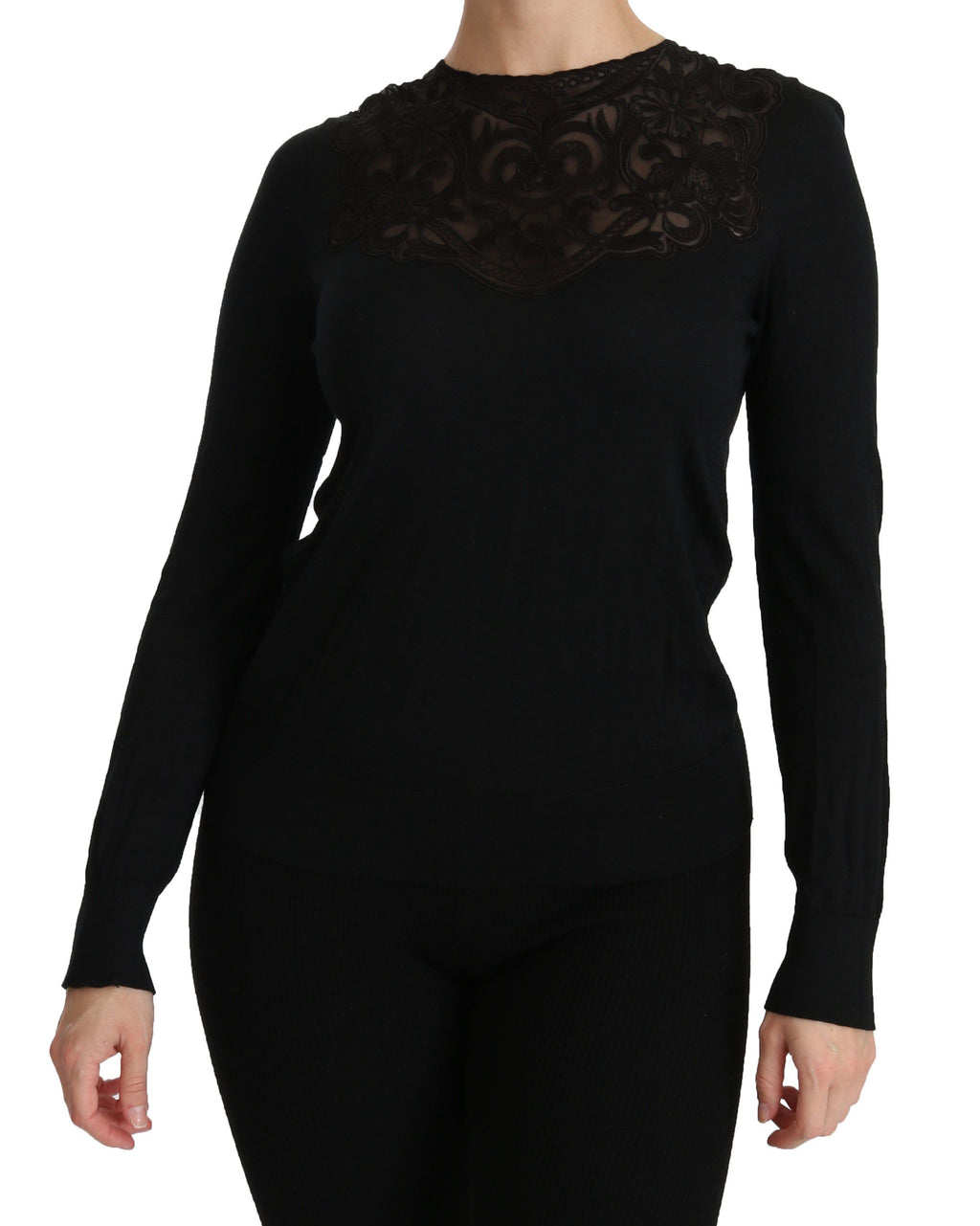 Schwarze Seidenbluse mit Rundhalsausschnitt und langen Ärmeln aus Spitze