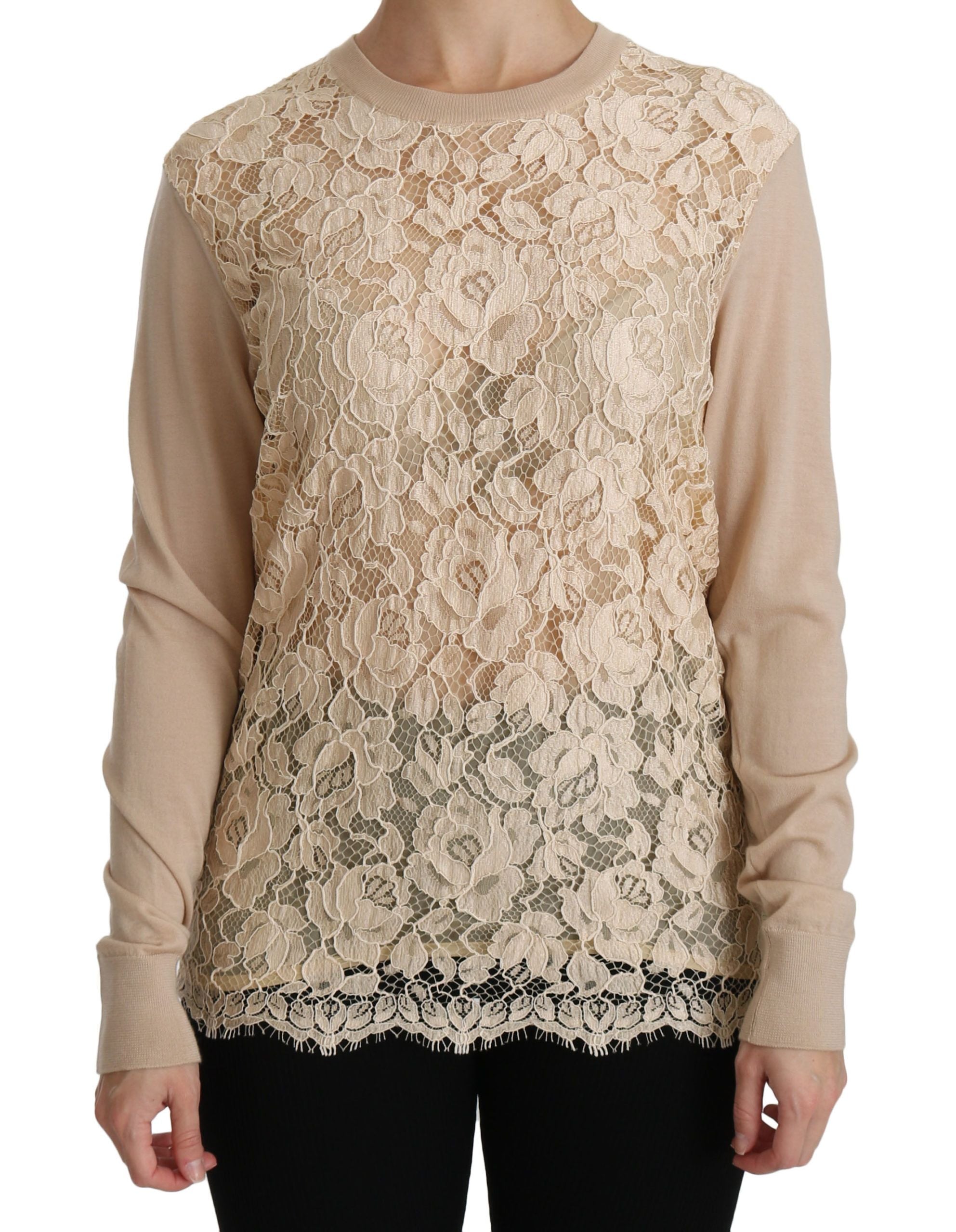 Beige Spitzen-Langarm-Top Kaschmirbluse